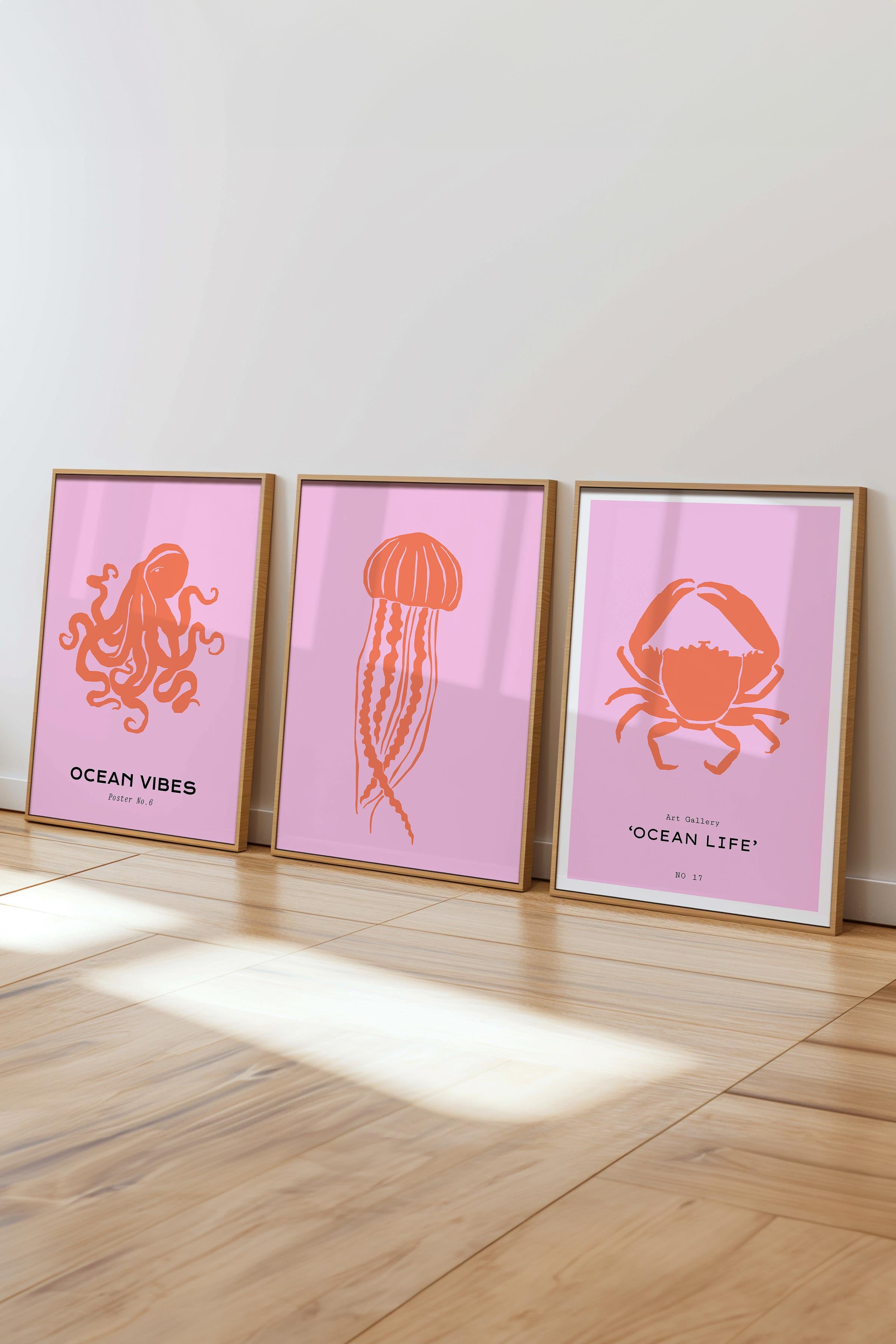 Çerçeveli Tablo Seti, 3 Adet Ahşap Çerçeve ve Minimalist Deniz Yaşamı Temalı Poster Seti, No:300517