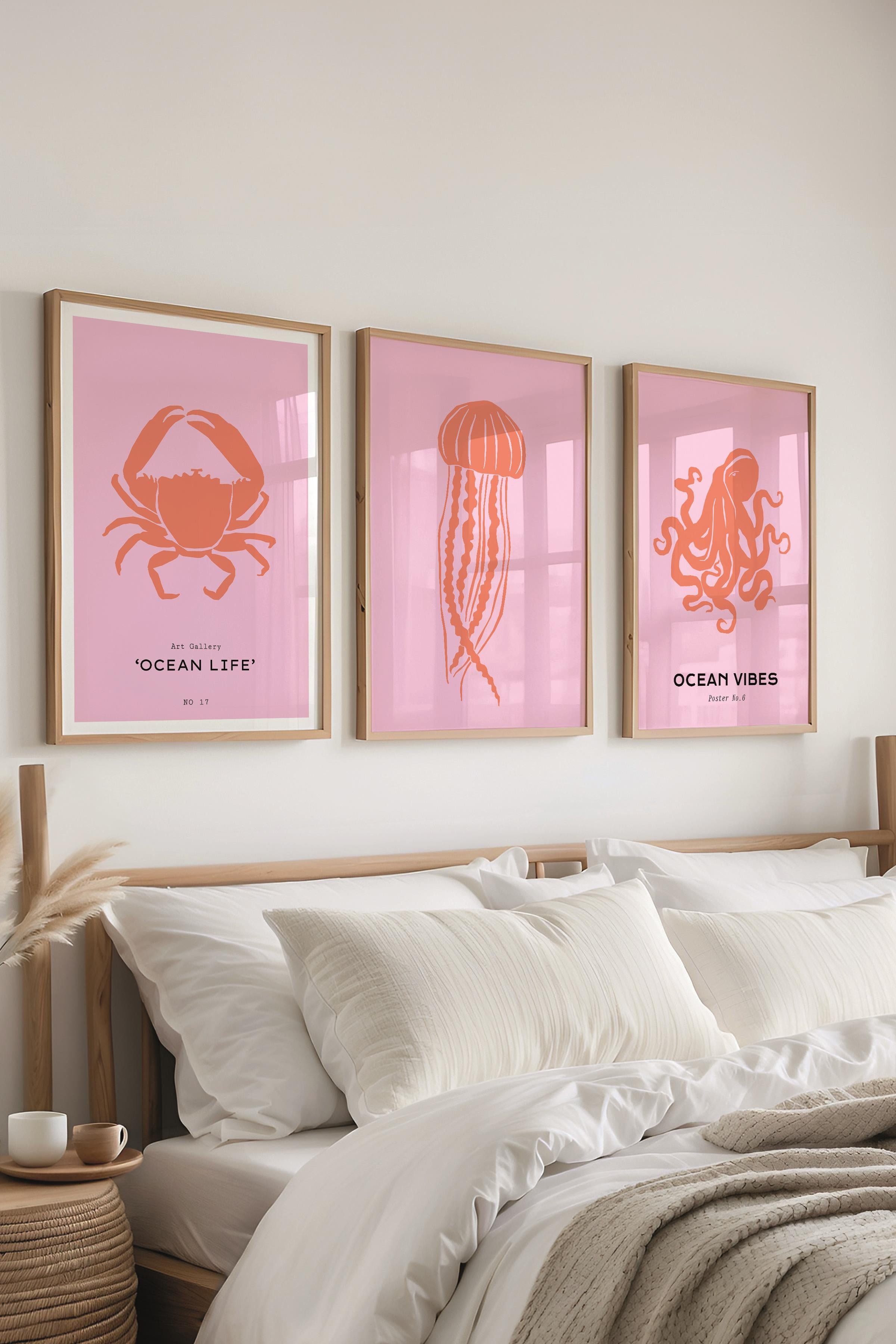 Çerçeveli Tablo Seti, 3 Adet Ahşap Çerçeve ve Minimalist Deniz Yaşamı Temalı Poster Seti, No:300517