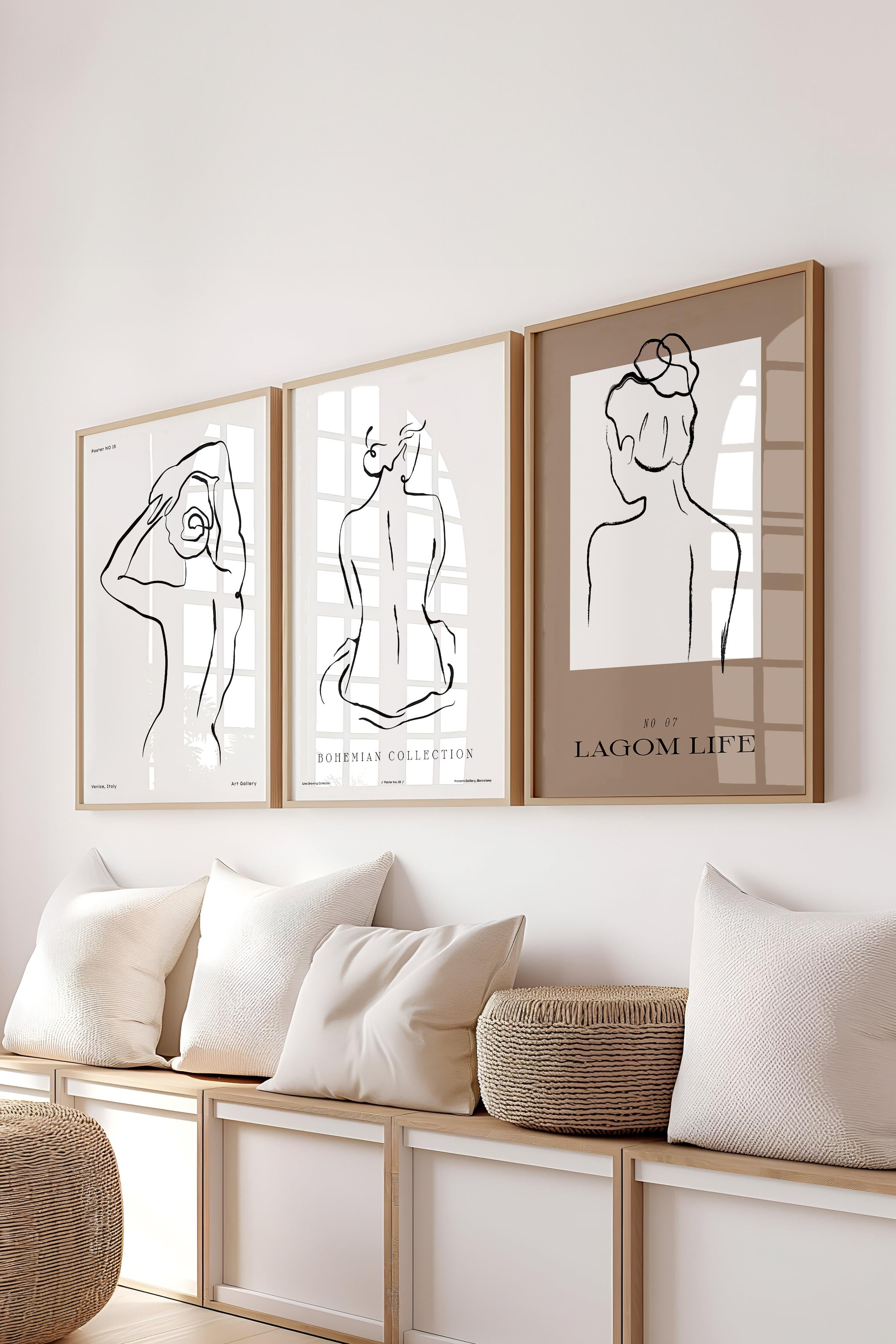 Çerçeveli Tablo Seti, 3 Adet Ahşap Çerçeve ve Minimalist El Çizimi Temalı Poster Seti, No:300563