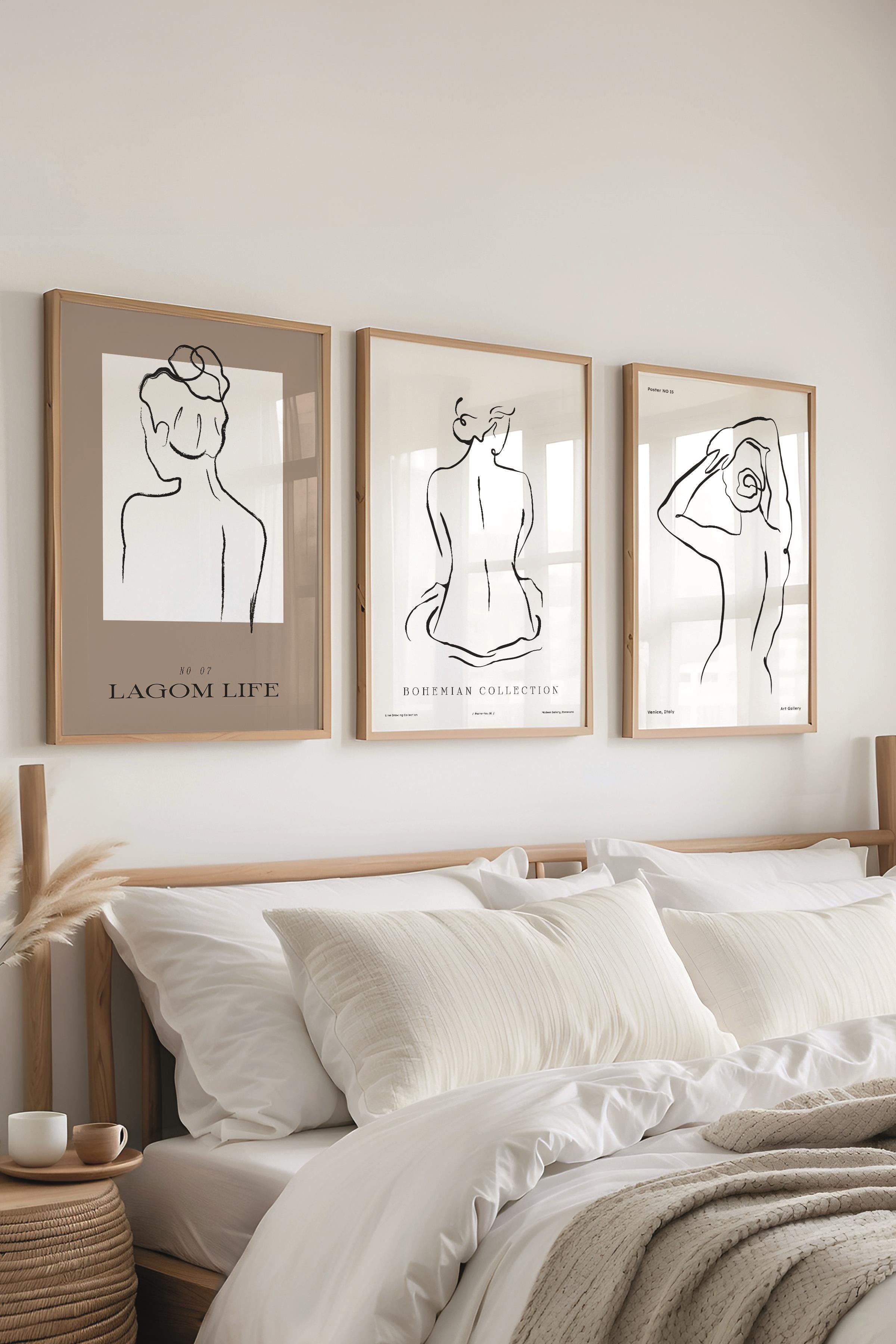 Çerçeveli Tablo Seti, 3 Adet Ahşap Çerçeve ve Minimalist El Çizimi Temalı Poster Seti, No:300563