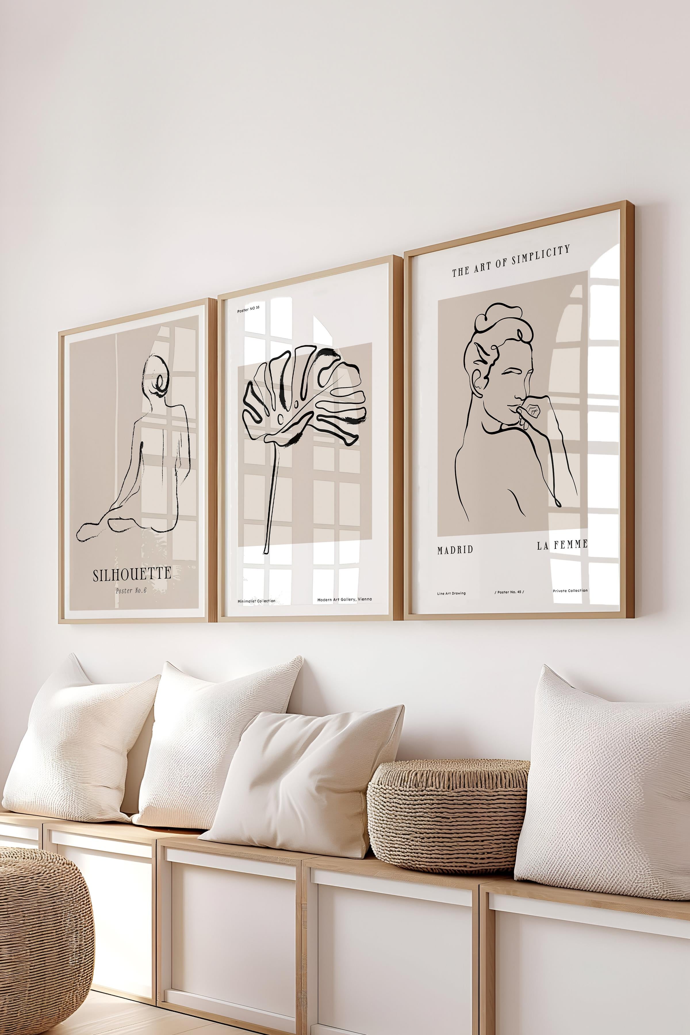 Çerçeveli Tablo Seti, 3 Adet Ahşap Çerçeve ve Minimalist El Çizimi Temalı Poster Seti, No:300564