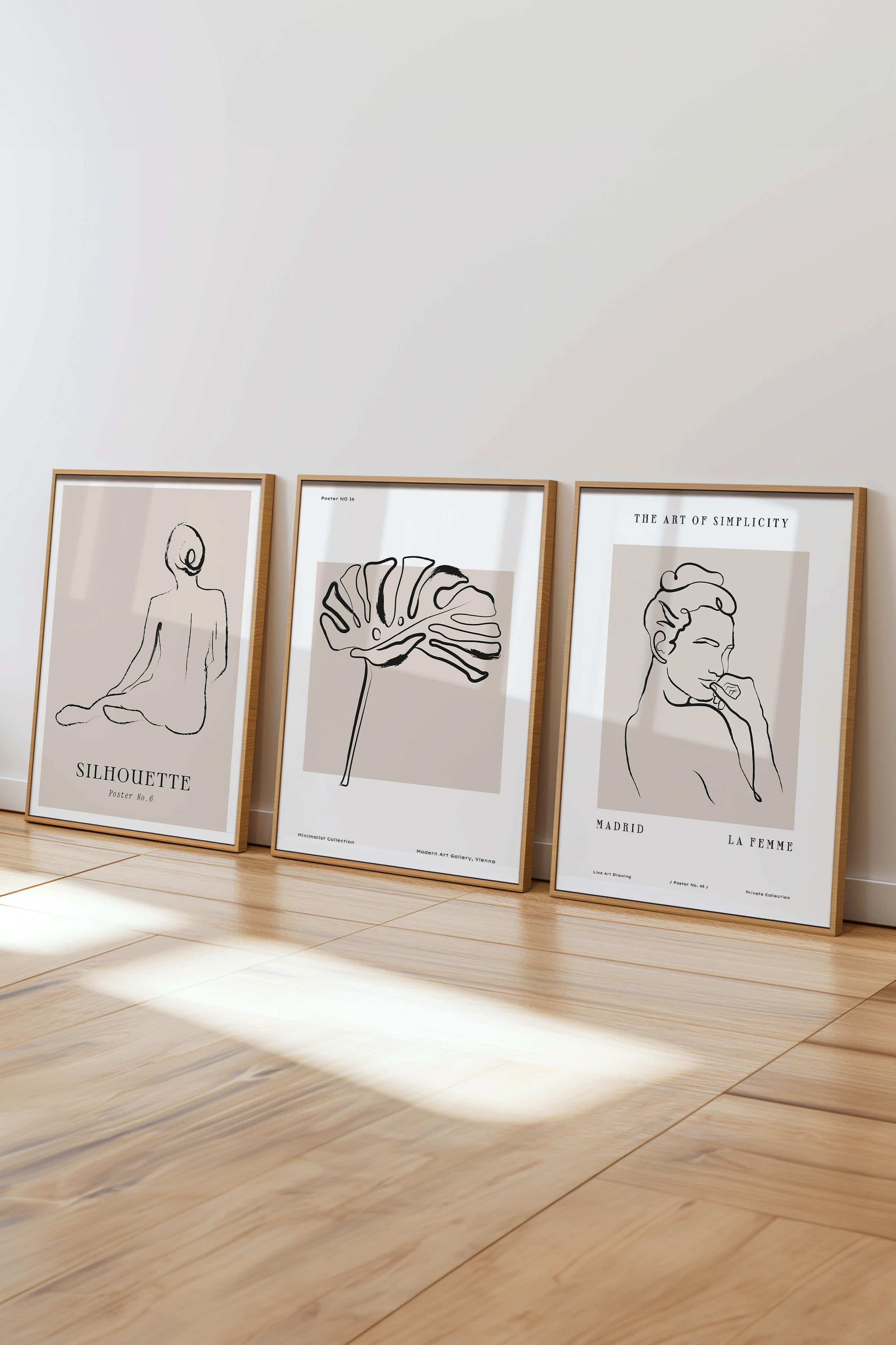 Çerçeveli Tablo Seti, 3 Adet Ahşap Çerçeve ve Minimalist El Çizimi Temalı Poster Seti, No:300564
