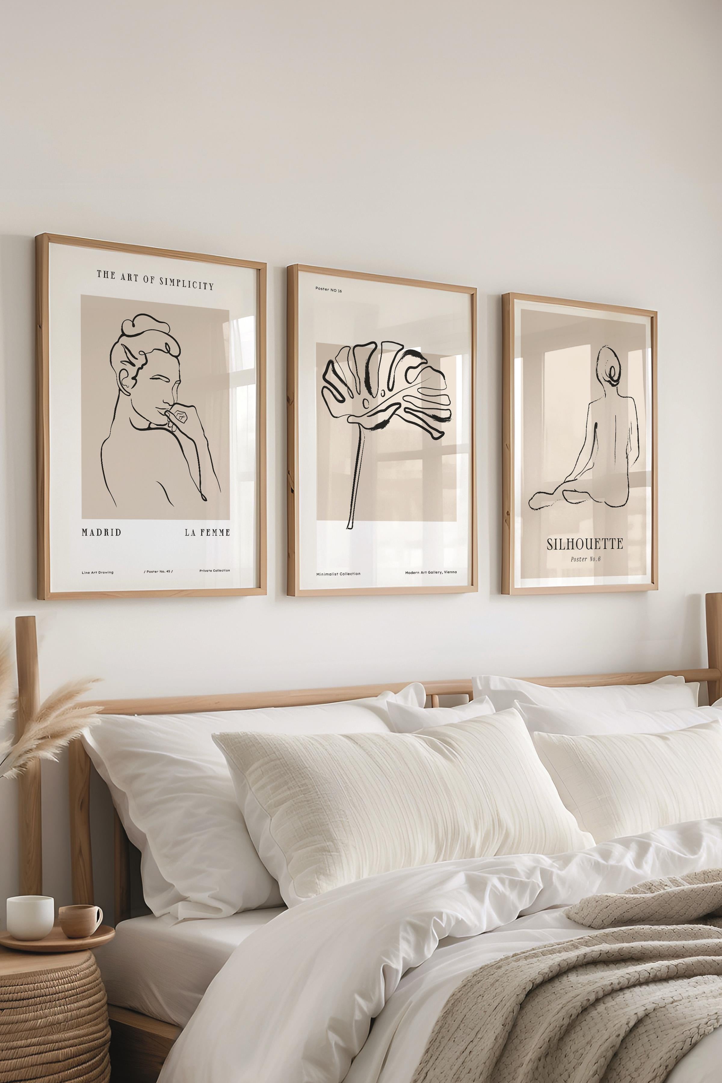 Çerçeveli Tablo Seti, 3 Adet Ahşap Çerçeve ve Minimalist El Çizimi Temalı Poster Seti, No:300564