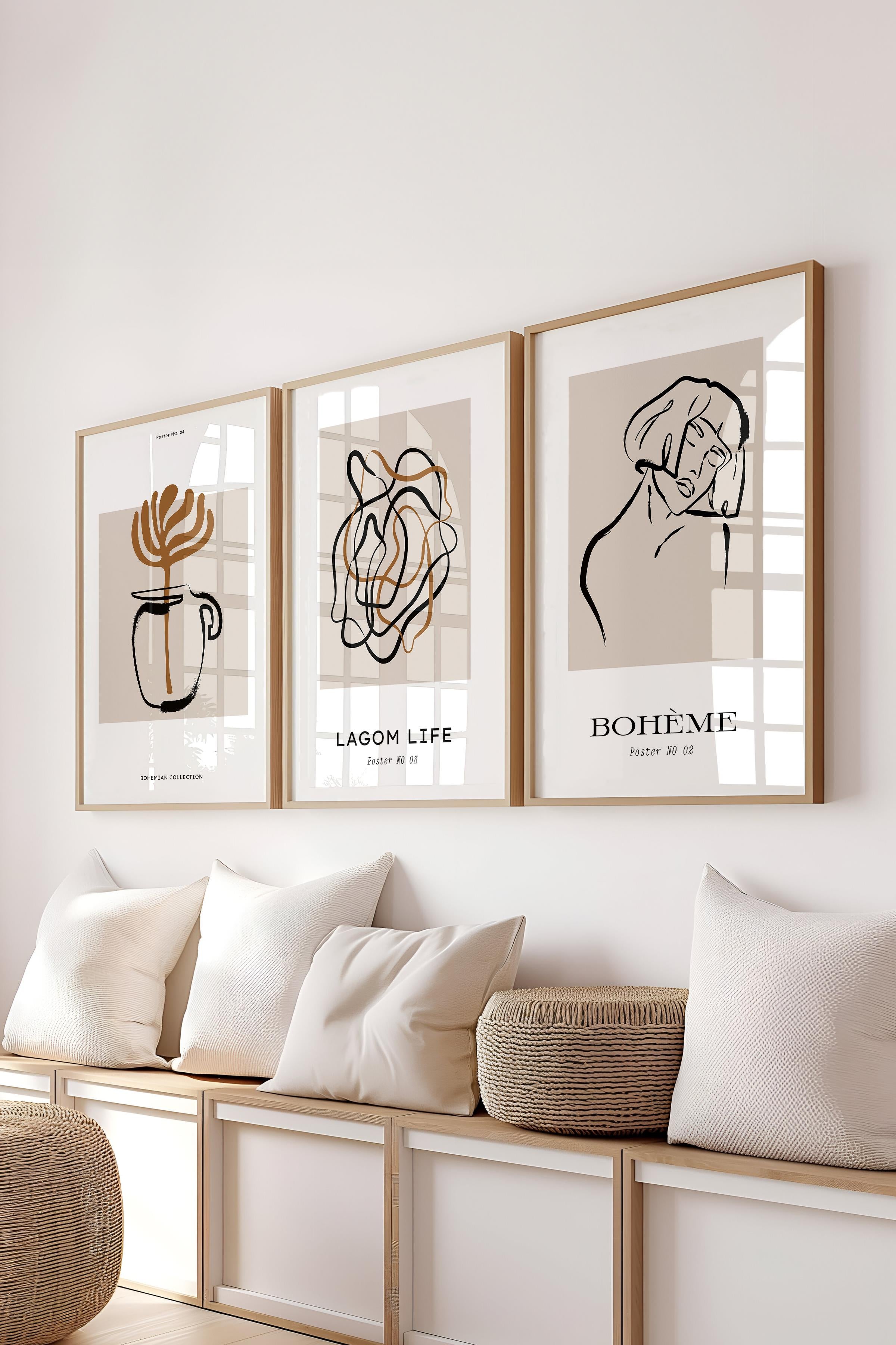 Çerçeveli Tablo Seti, 3 Adet Ahşap Çerçeve ve Minimalist El Çizimi Temalı Poster Seti, No:300565