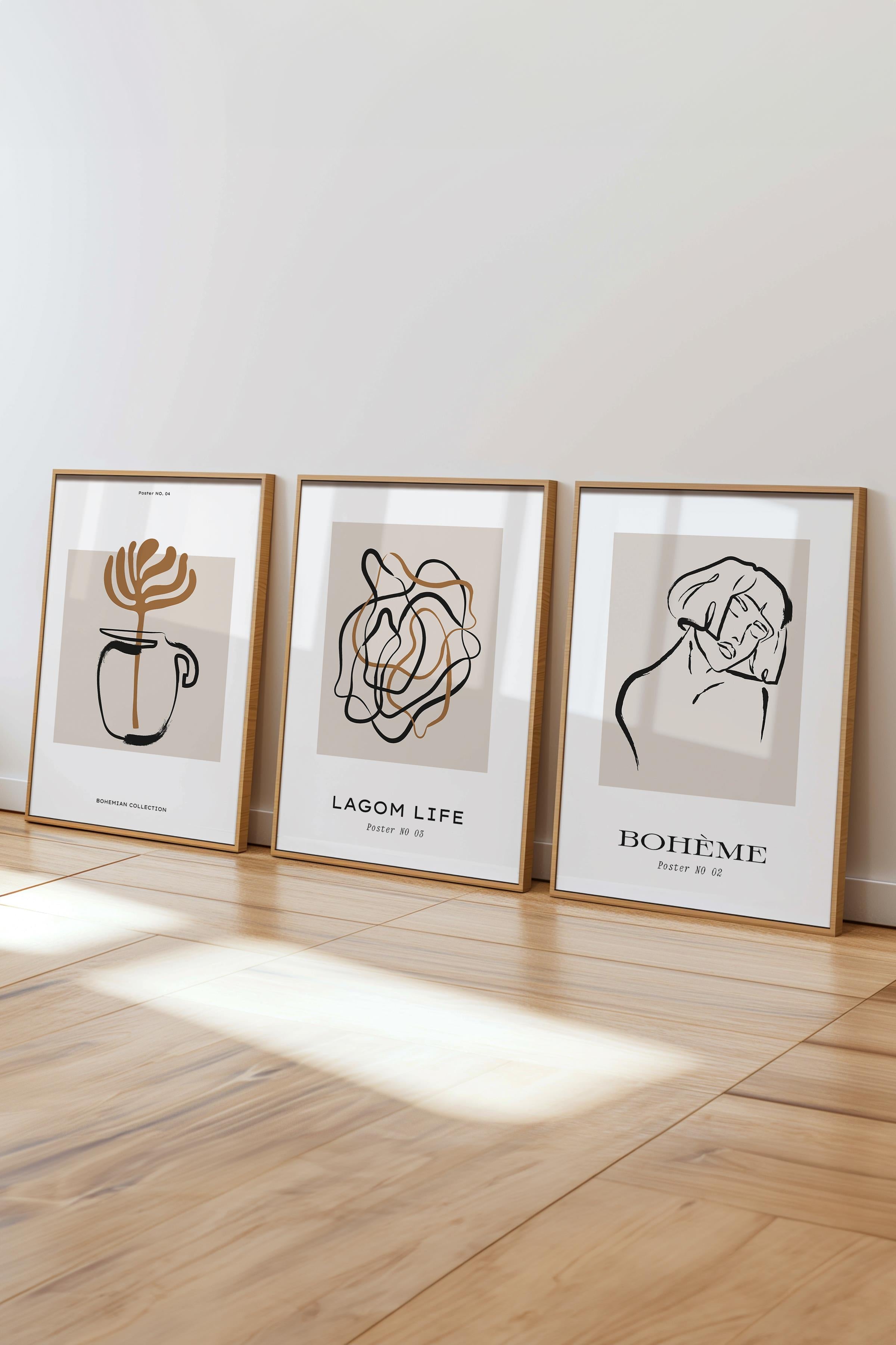 Çerçeveli Tablo Seti, 3 Adet Ahşap Çerçeve ve Minimalist El Çizimi Temalı Poster Seti, No:300565