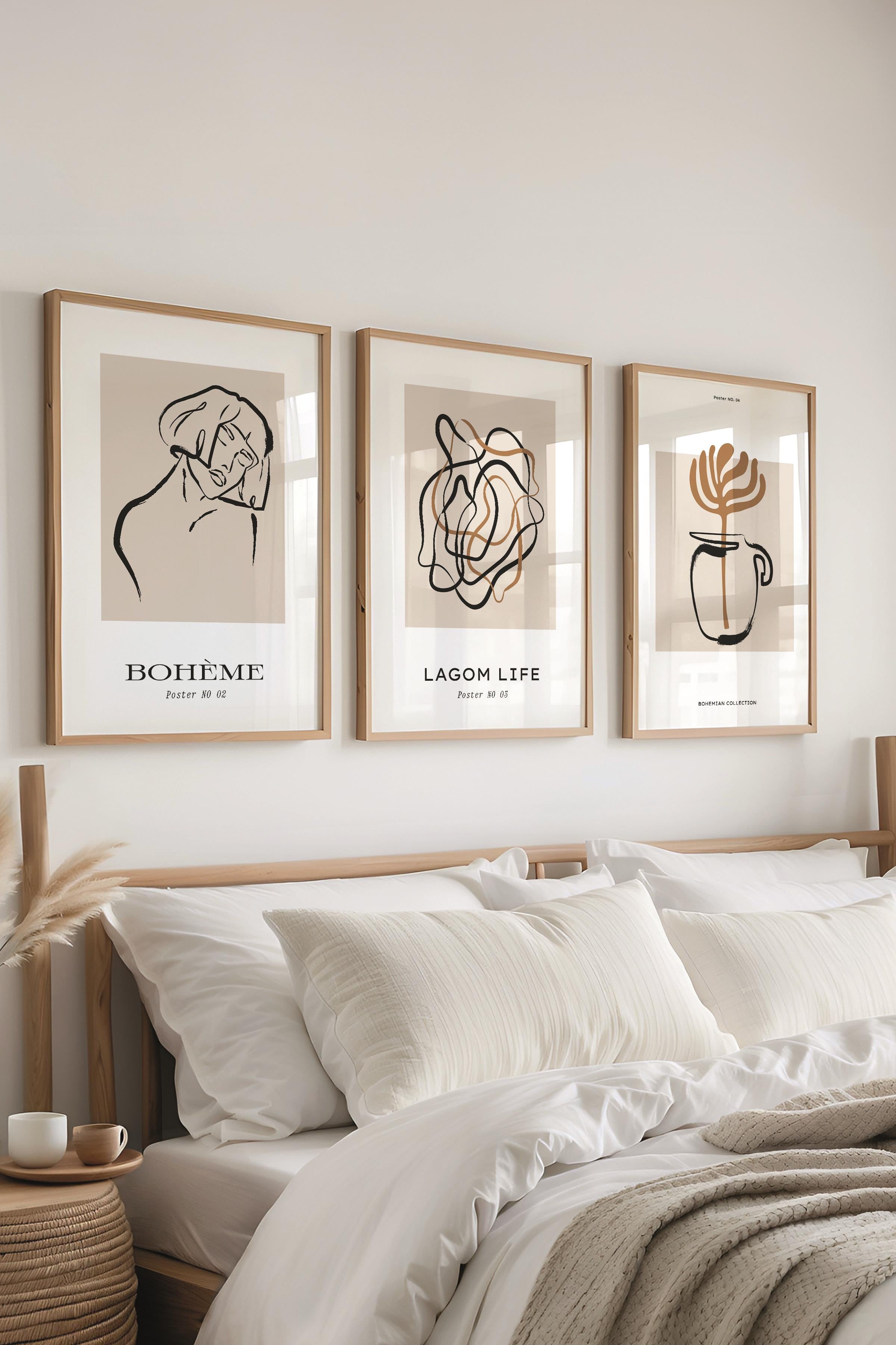 Çerçeveli Tablo Seti, 3 Adet Ahşap Çerçeve ve Minimalist El Çizimi Temalı Poster Seti, No:300565