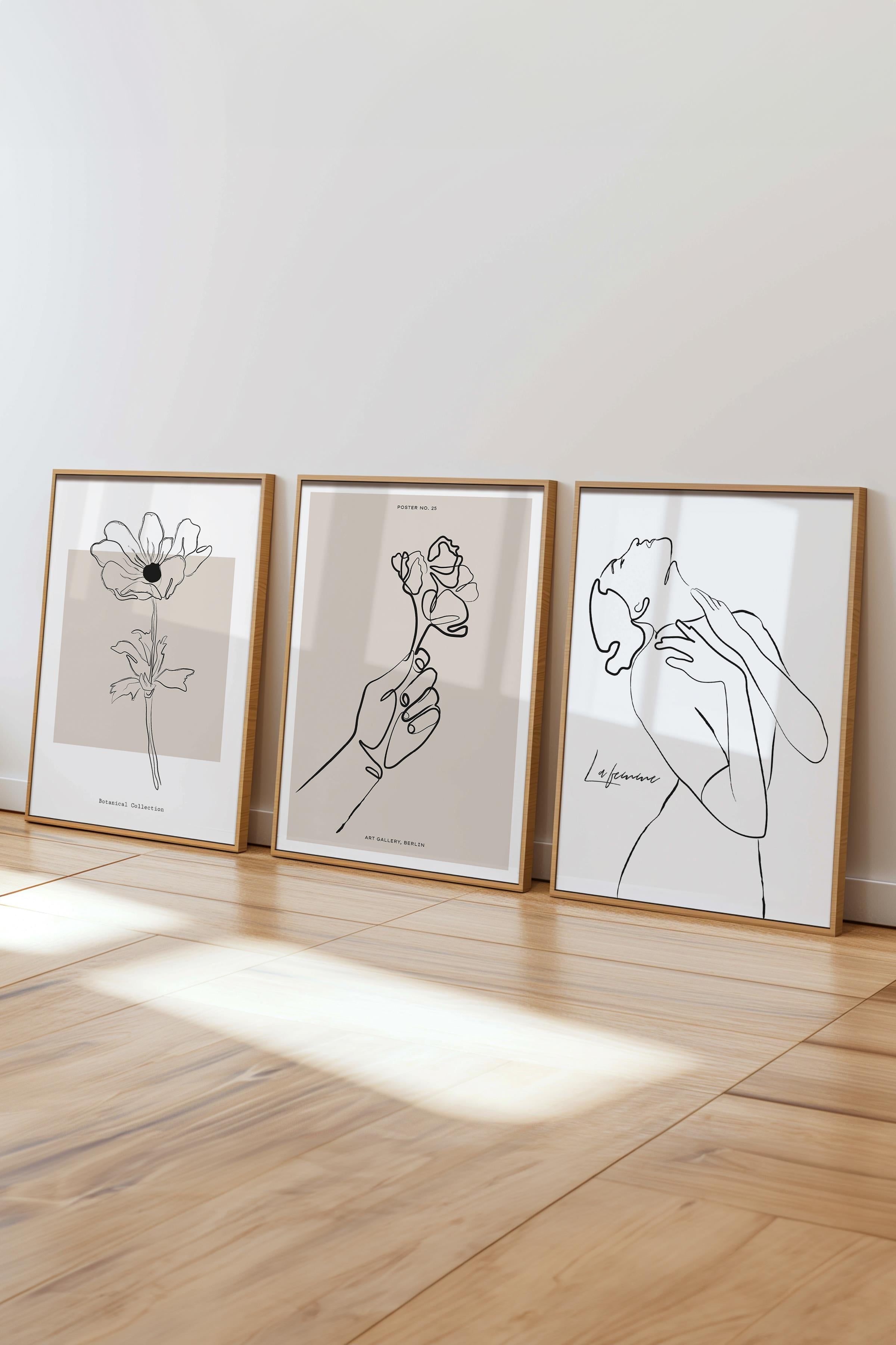 Çerçeveli Tablo Seti, 3 Adet Ahşap Çerçeve ve Minimalist El Çizimi Temalı Poster Seti, No:300566