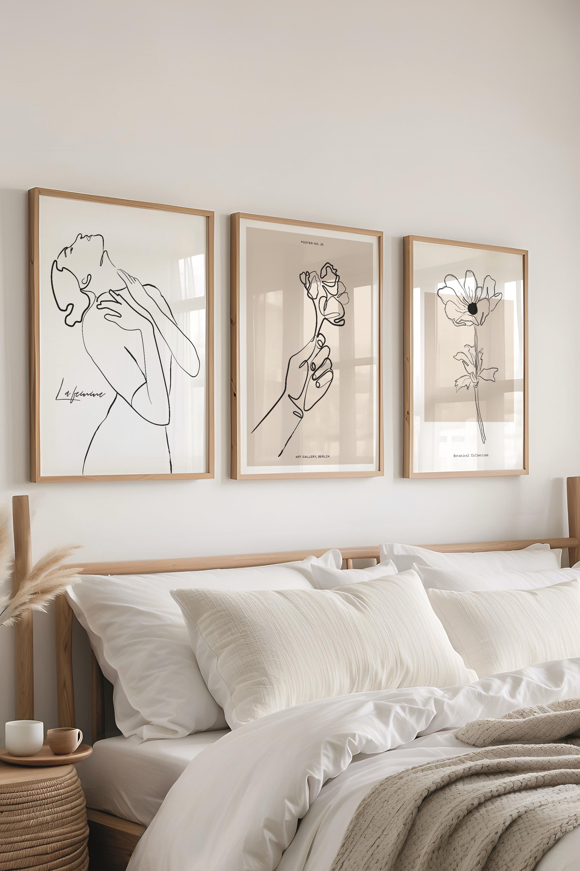 Çerçeveli Tablo Seti, 3 Adet Ahşap Çerçeve ve Minimalist El Çizimi Temalı Poster Seti, No:300566