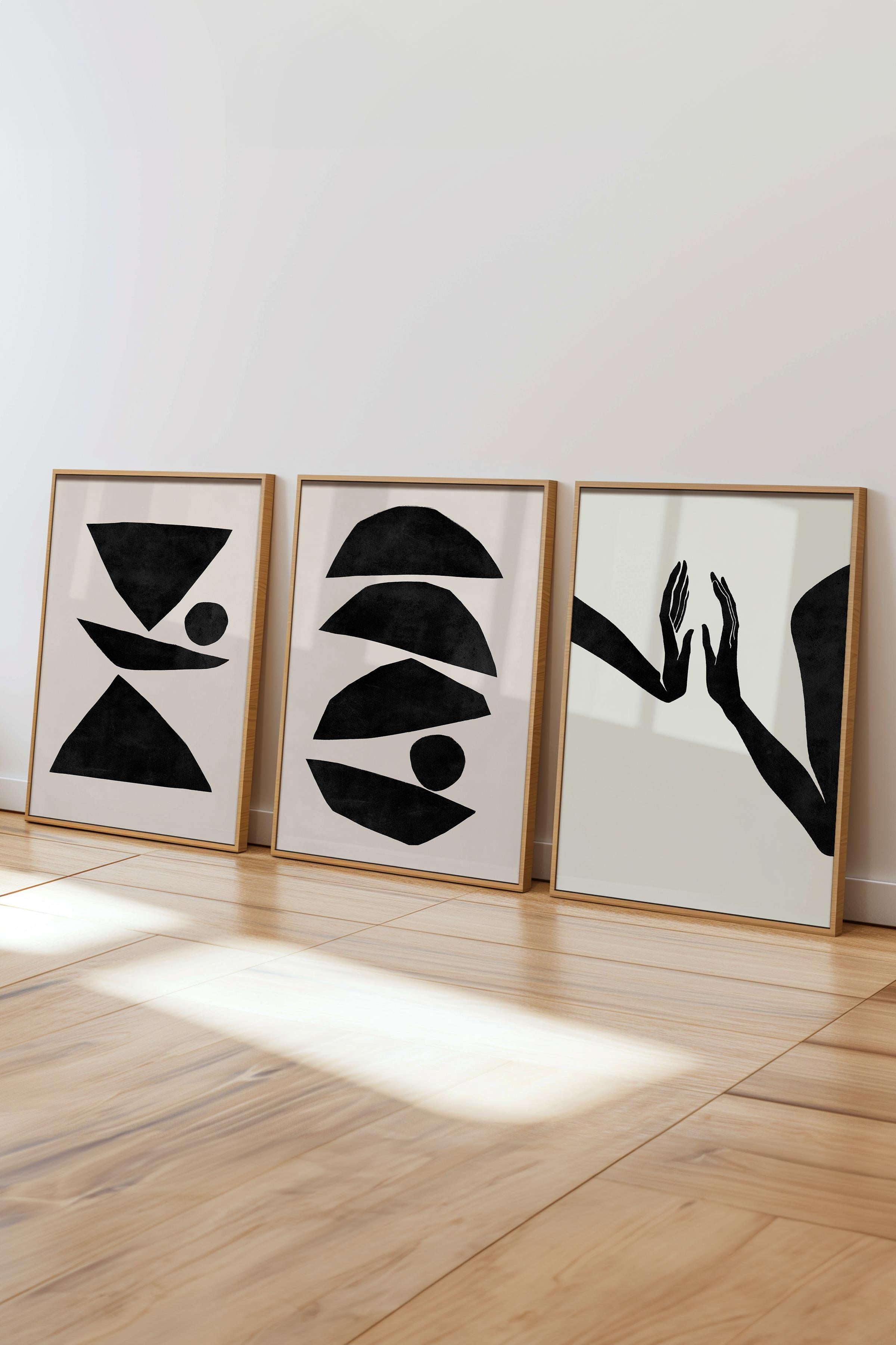 Çerçeveli Tablo Seti, 3 Adet Ahşap Çerçeve ve Minimalist El Çizimi Temalı Poster Seti, No:300573