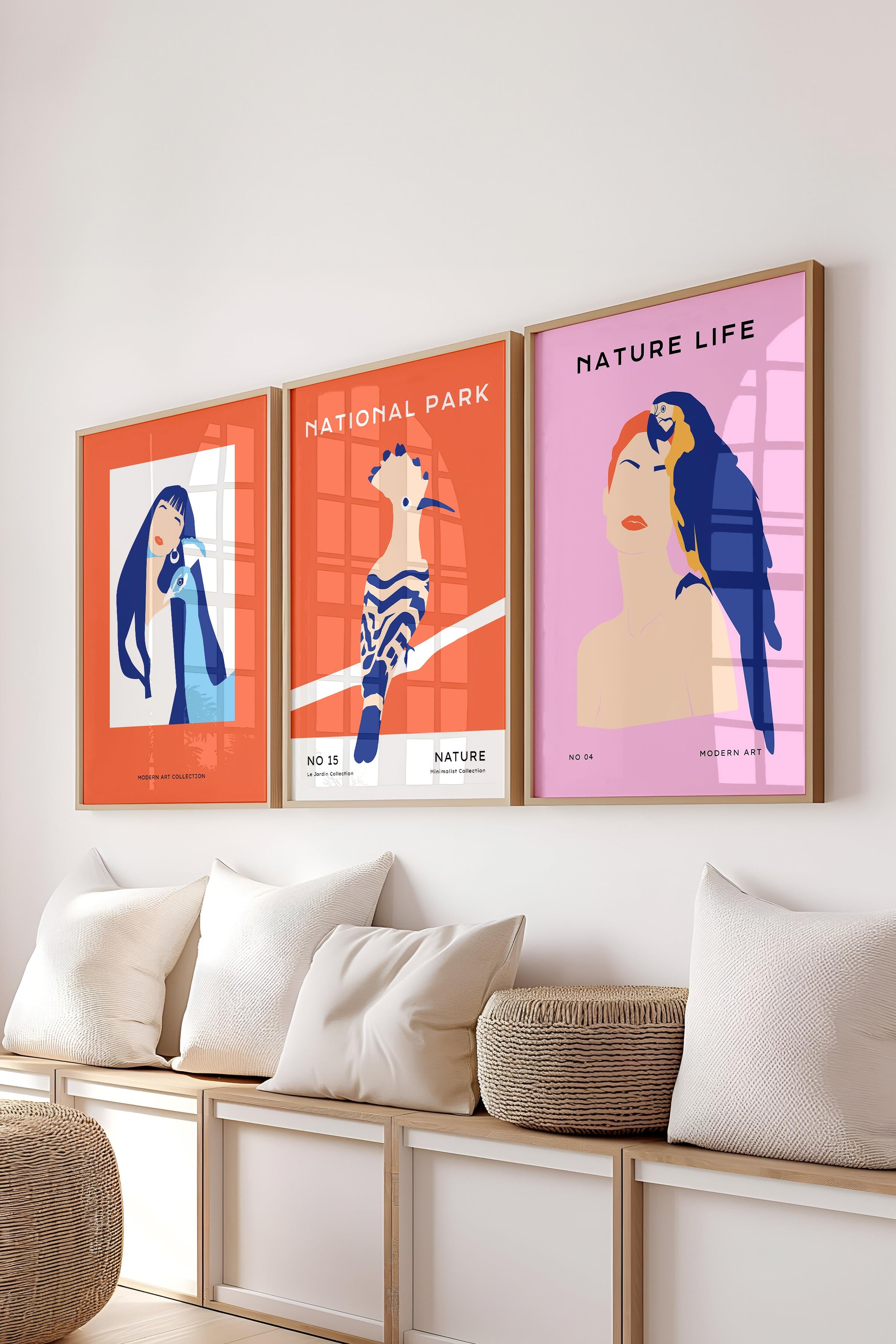 Çerçeveli Tablo Seti, 3 Adet Ahşap Çerçeve ve Minimalist Kuşlar Temalı Poster Seti, No:300492