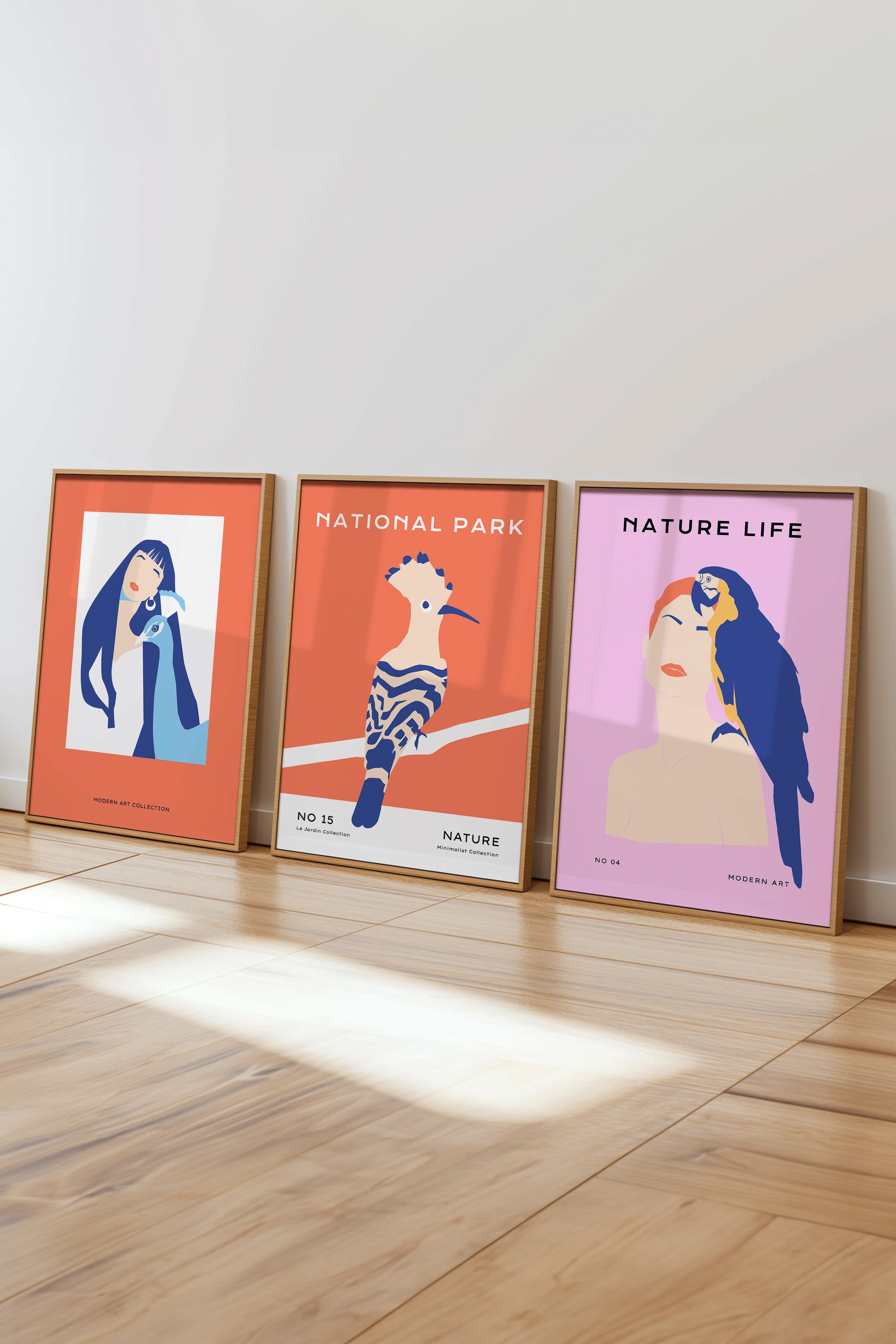 Çerçeveli Tablo Seti, 3 Adet Ahşap Çerçeve ve Minimalist Kuşlar Temalı Poster Seti, No:300492
