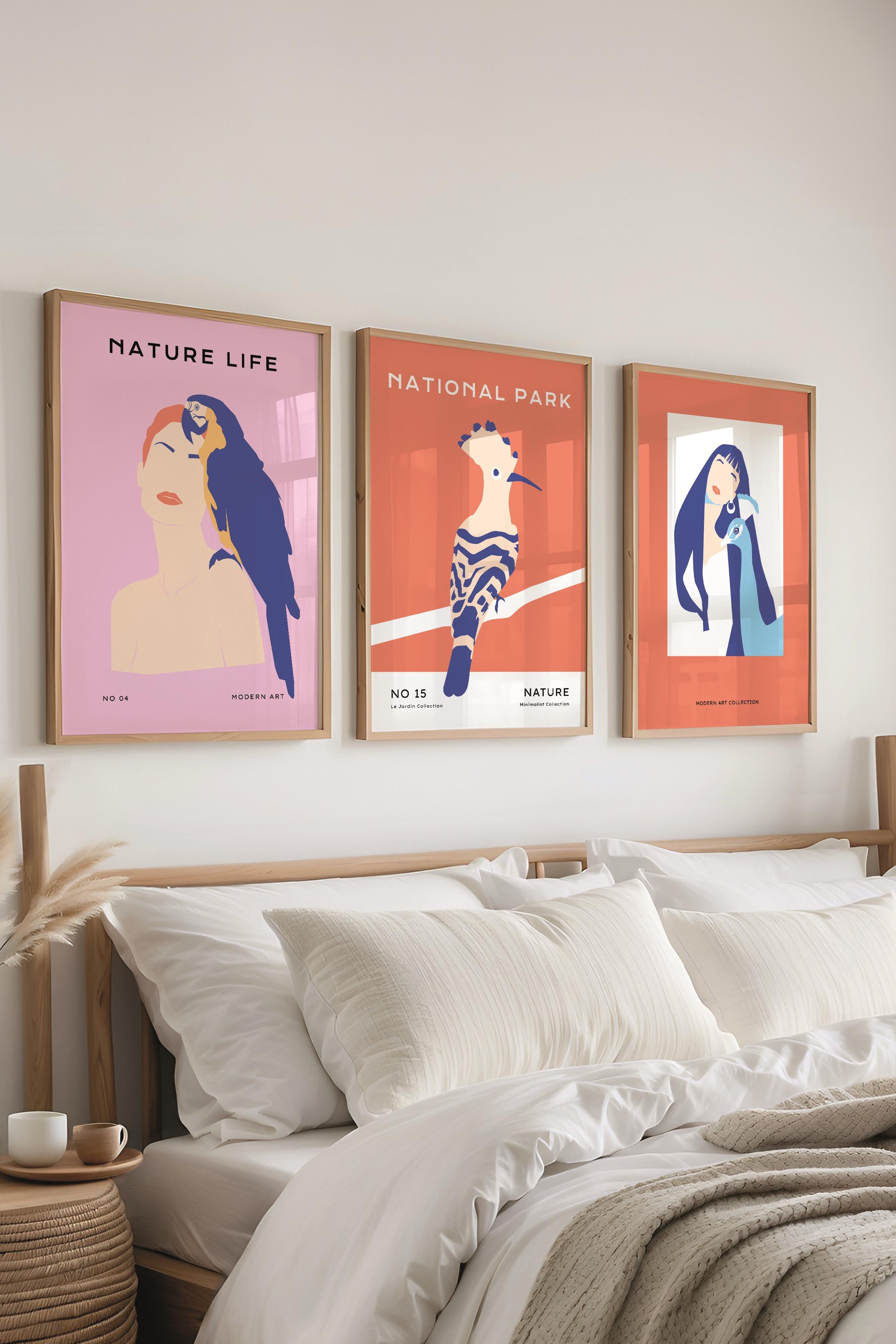 Çerçeveli Tablo Seti, 3 Adet Ahşap Çerçeve ve Minimalist Kuşlar Temalı Poster Seti, No:300492