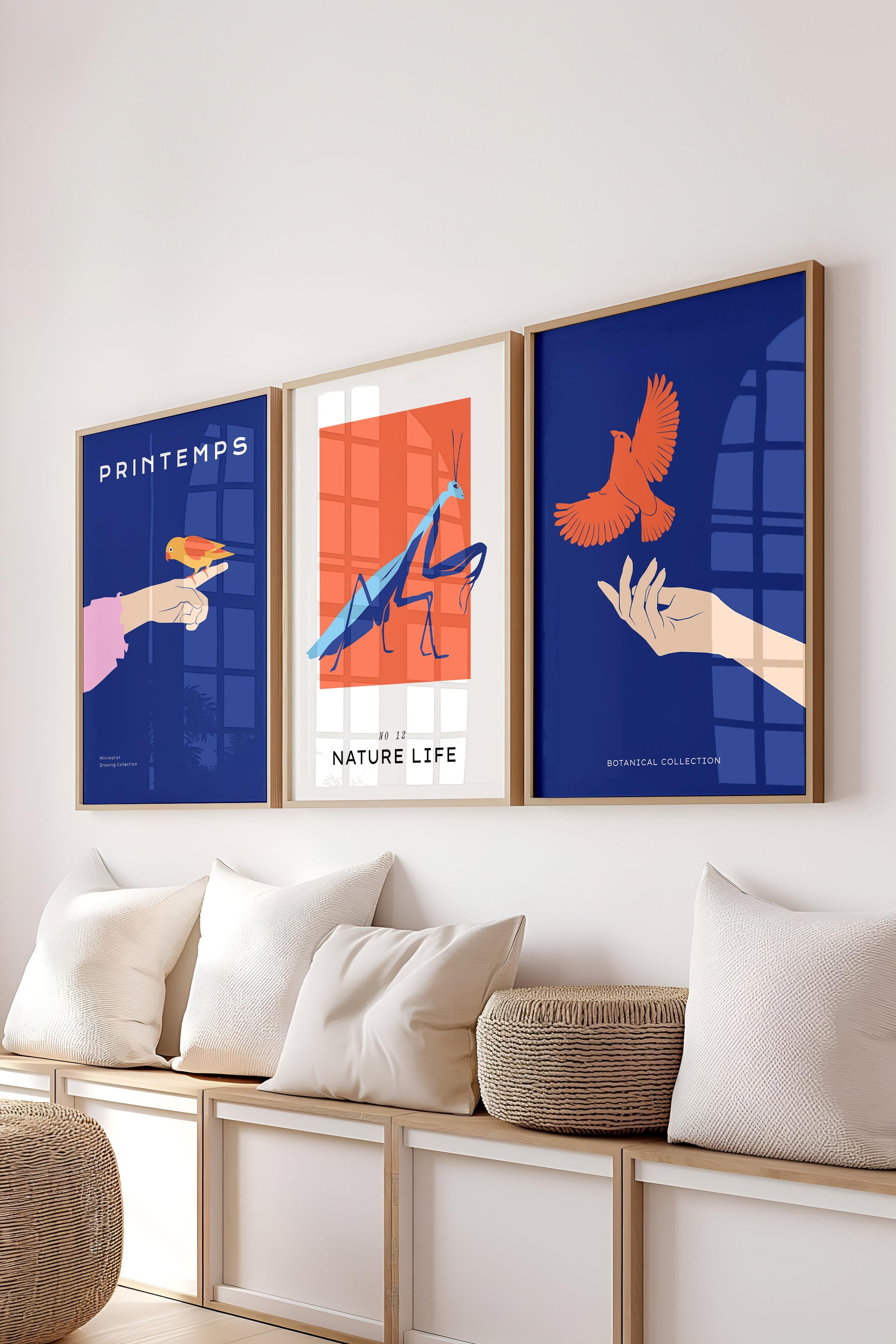 Çerçeveli Tablo Seti, 3 Adet Ahşap Çerçeve ve Minimalist Safari Temalı Poster Seti, No:300490