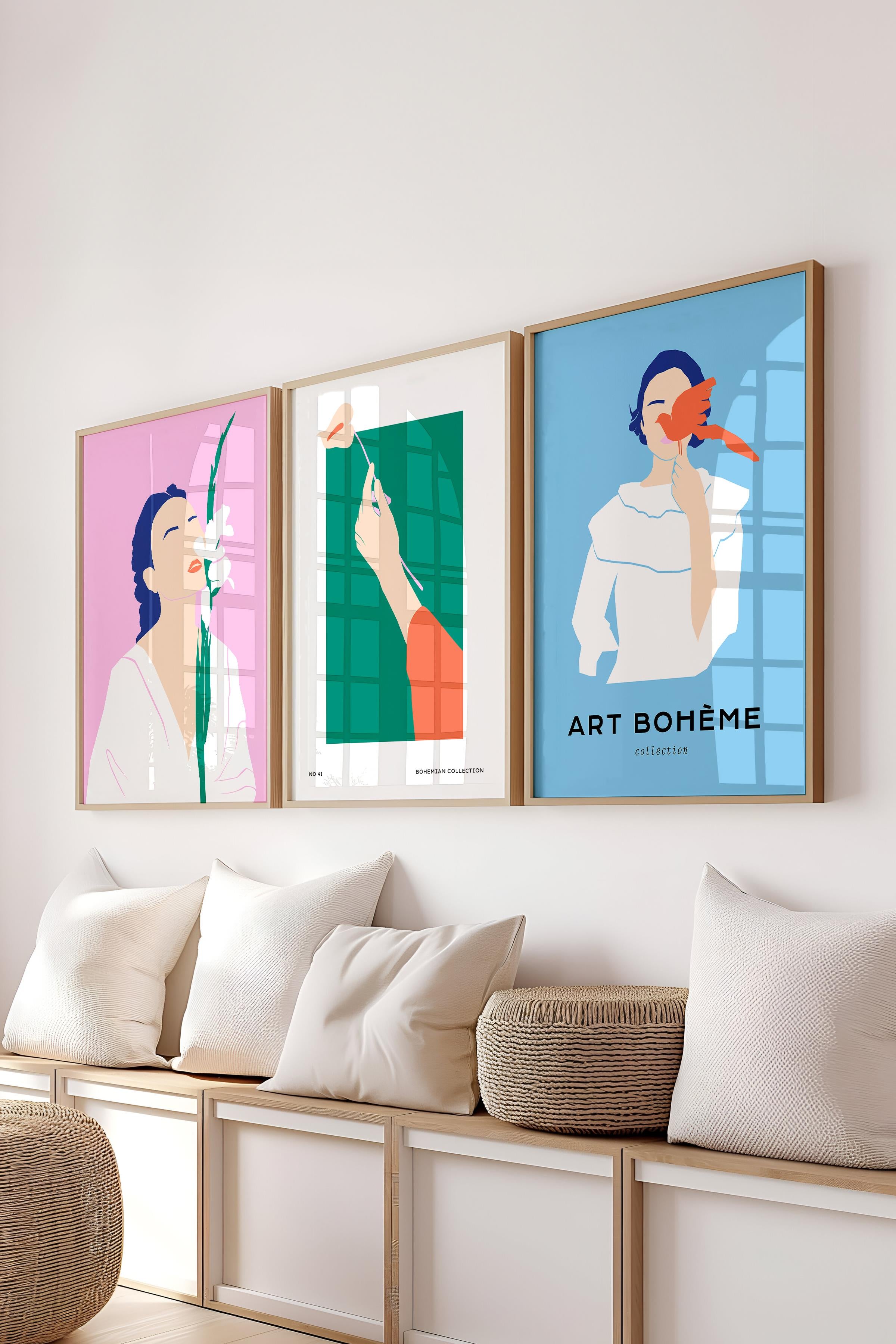 Çerçeveli Tablo Seti, 3 Adet Ahşap Çerçeve ve Minimalist Safari Temalı Poster Seti, No:300494
