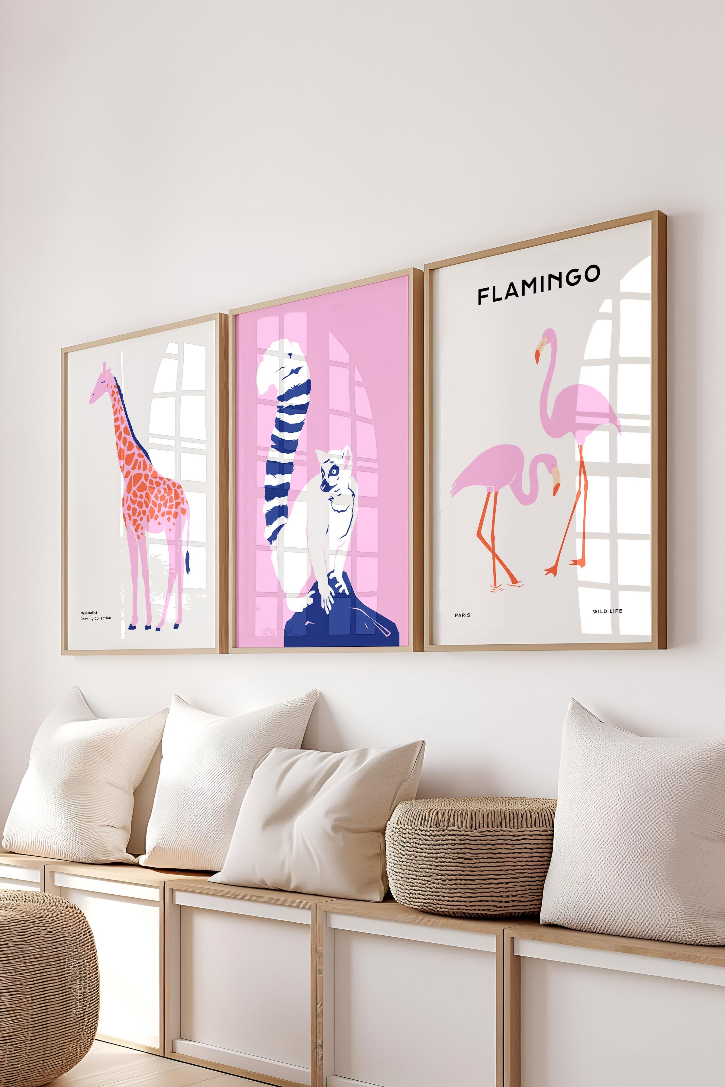 Çerçeveli Tablo Seti, 3 Adet Ahşap Çerçeve ve Minimalist Safari Temalı Poster Seti, No:300496