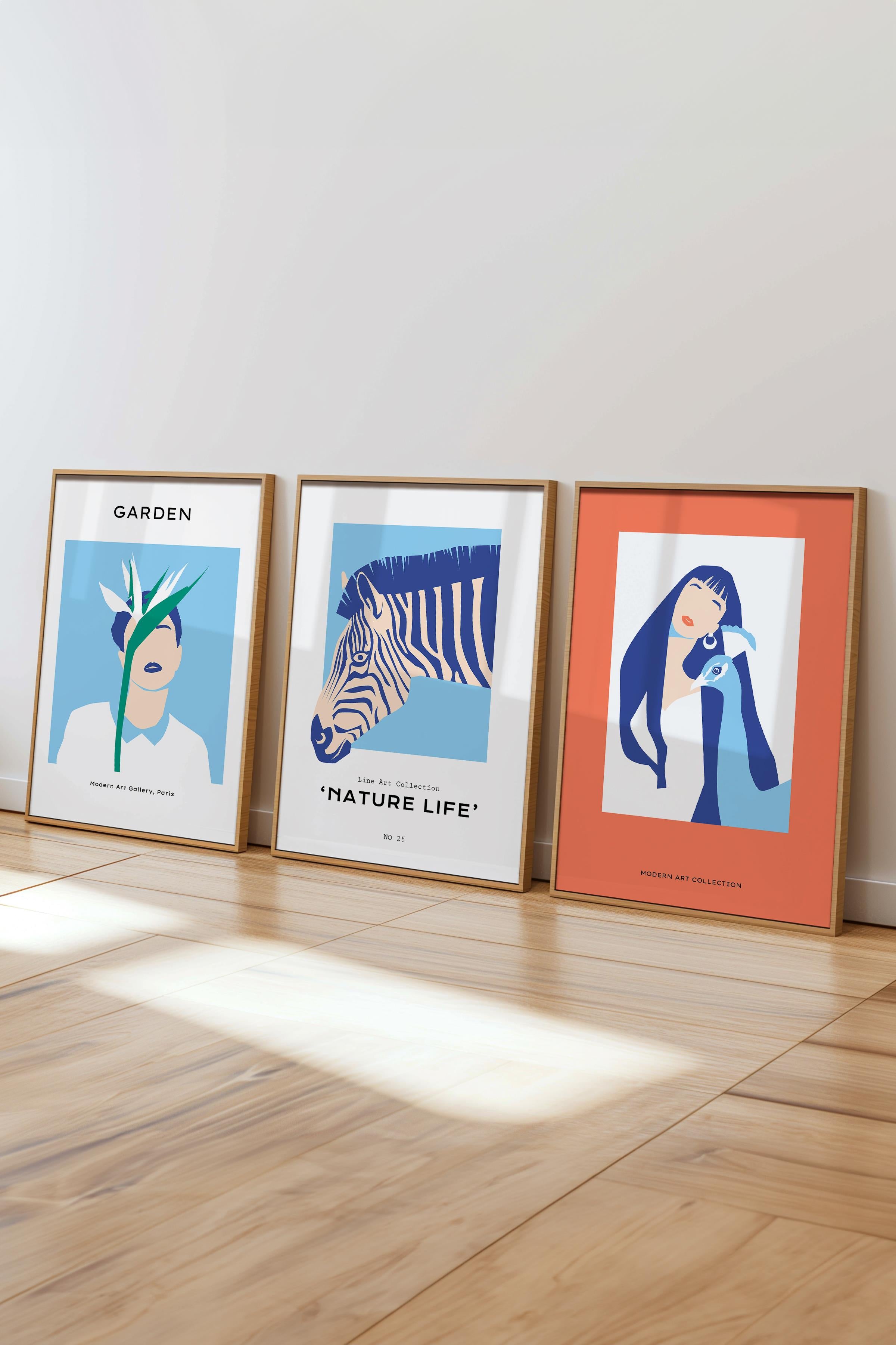 Çerçeveli Tablo Seti, 3 Adet Ahşap Çerçeve ve Minimalist Safari Temalı Poster Seti, No:300497
