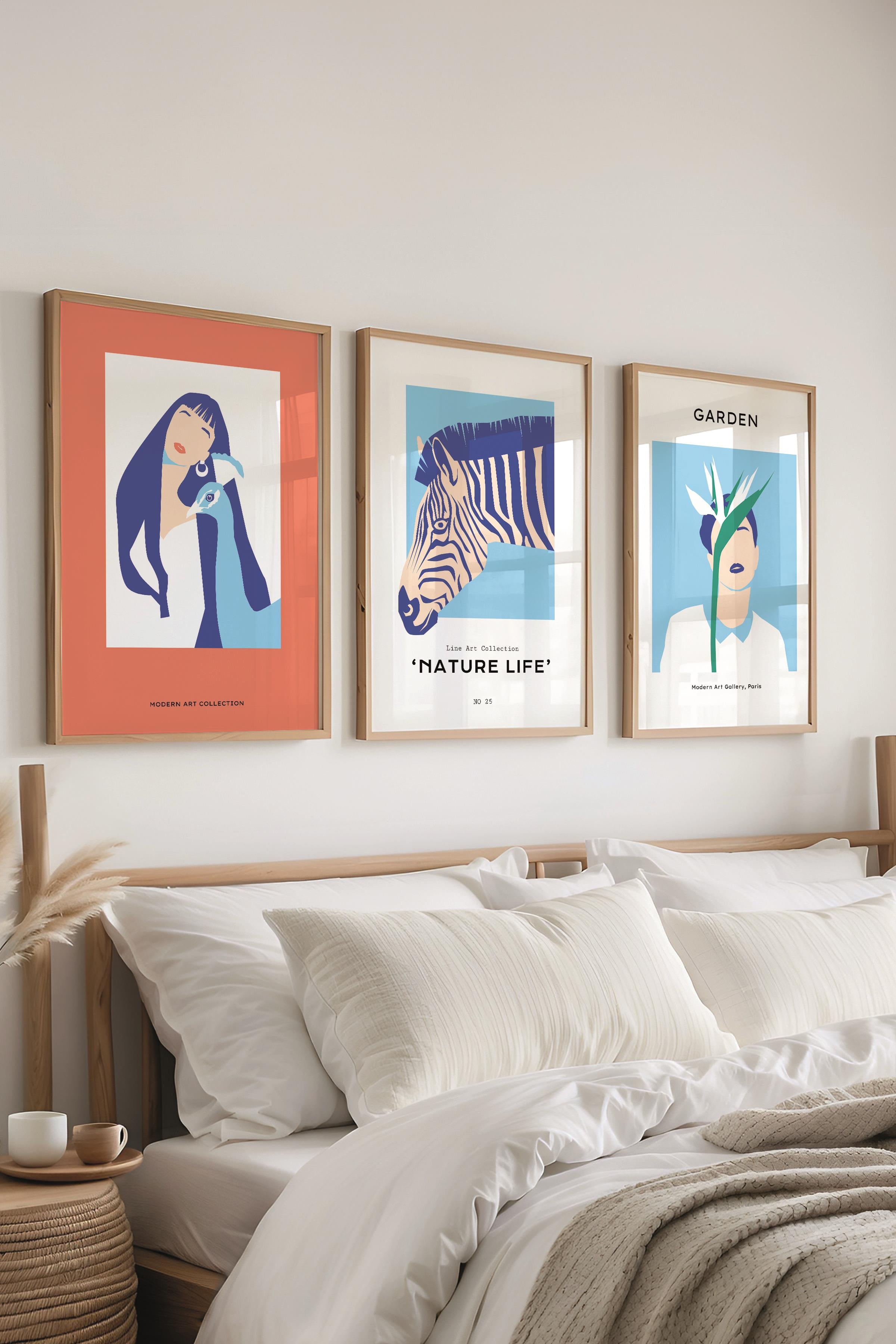 Çerçeveli Tablo Seti, 3 Adet Ahşap Çerçeve ve Minimalist Safari Temalı Poster Seti, No:300497