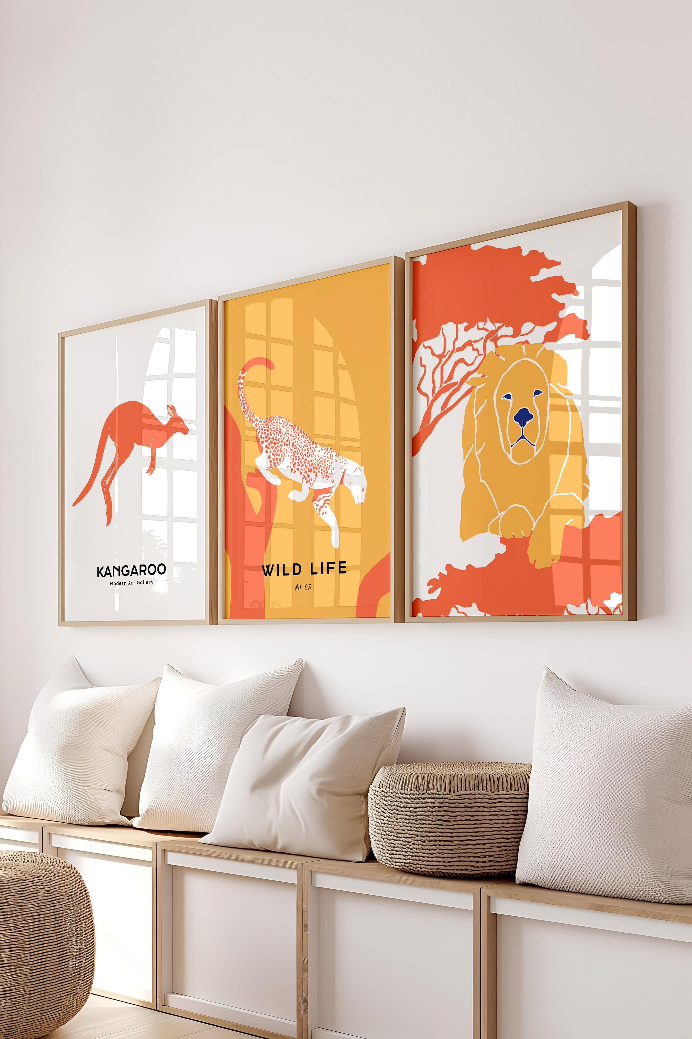 Çerçeveli Tablo Seti, 3 Adet Ahşap Çerçeve ve Minimalist Safari Temalı Poster Seti, No:300498