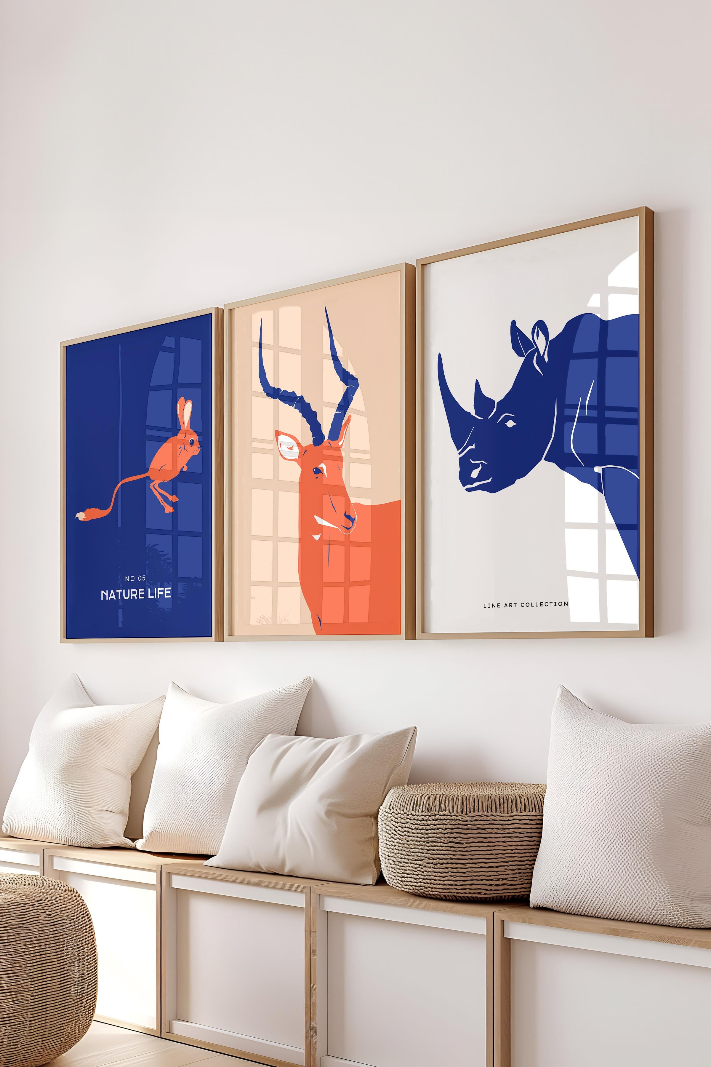 Çerçeveli Tablo Seti, 3 Adet Ahşap Çerçeve ve Minimalist Vahşi Yaşam Temalı Poster Seti, No:300487
