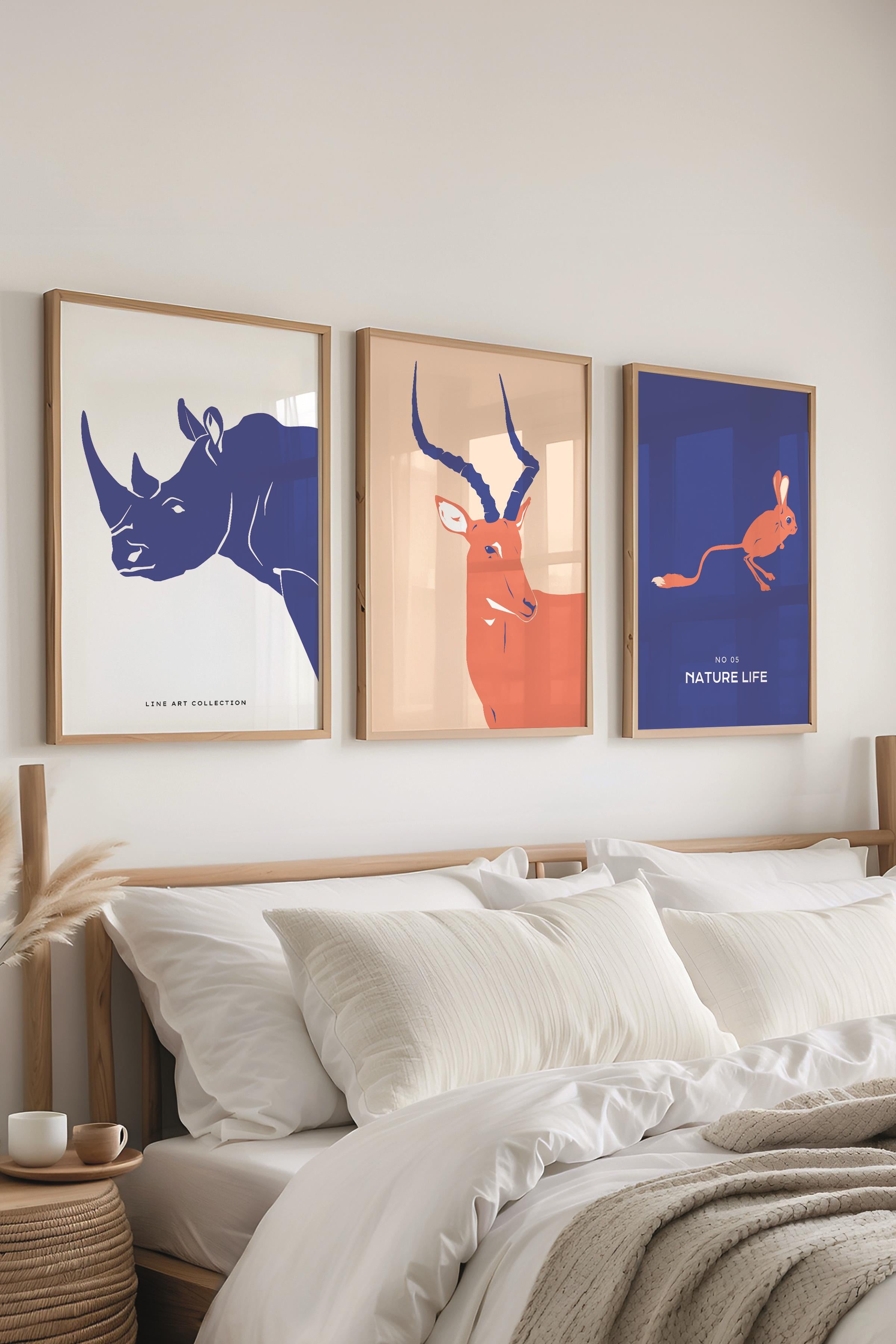 Çerçeveli Tablo Seti, 3 Adet Ahşap Çerçeve ve Minimalist Vahşi Yaşam Temalı Poster Seti, No:300487