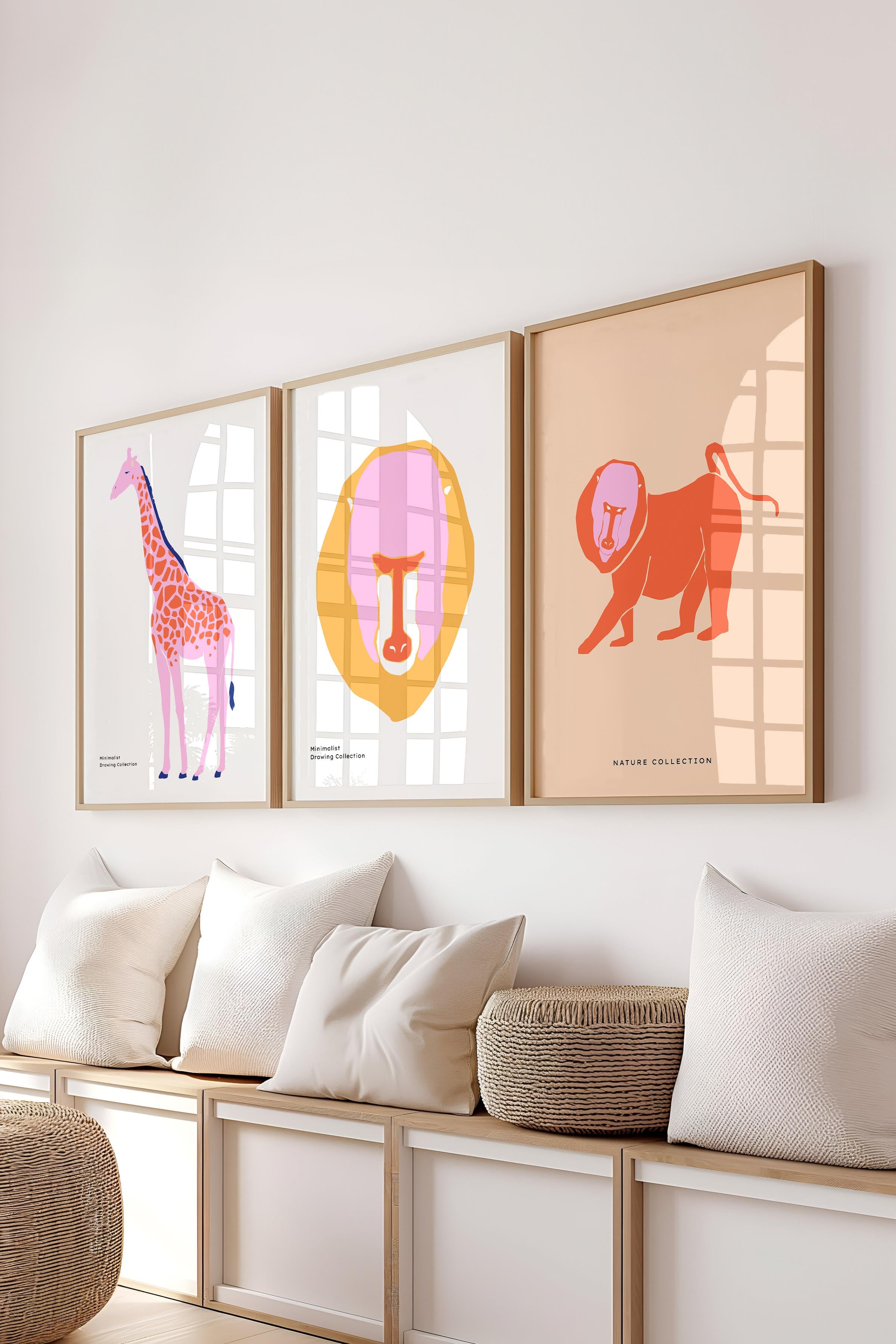 Çerçeveli Tablo Seti, 3 Adet Ahşap Çerçeve ve Minimalist Vahşi Yaşam Temalı Poster Seti, No:300488