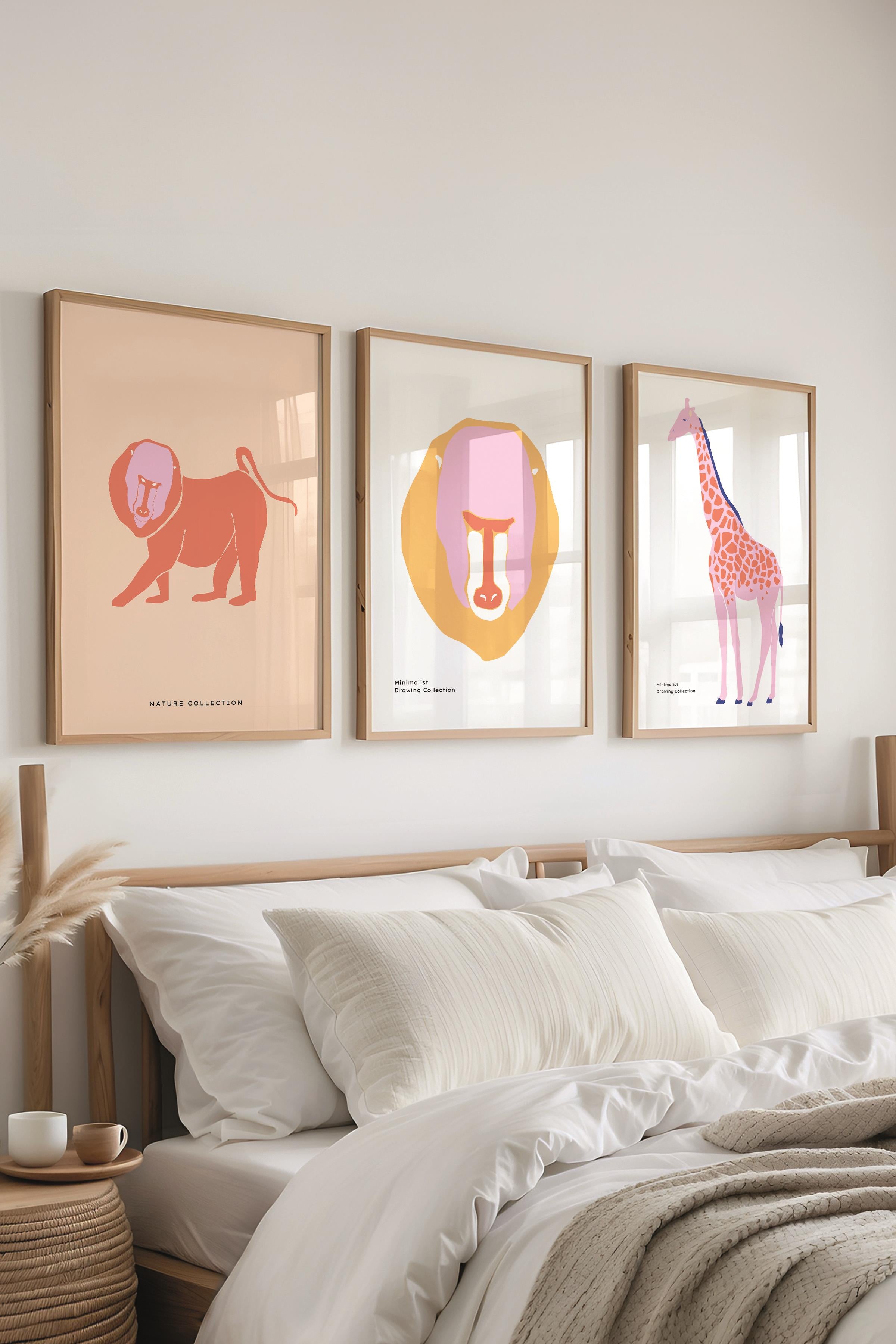 Çerçeveli Tablo Seti, 3 Adet Ahşap Çerçeve ve Minimalist Vahşi Yaşam Temalı Poster Seti, No:300488
