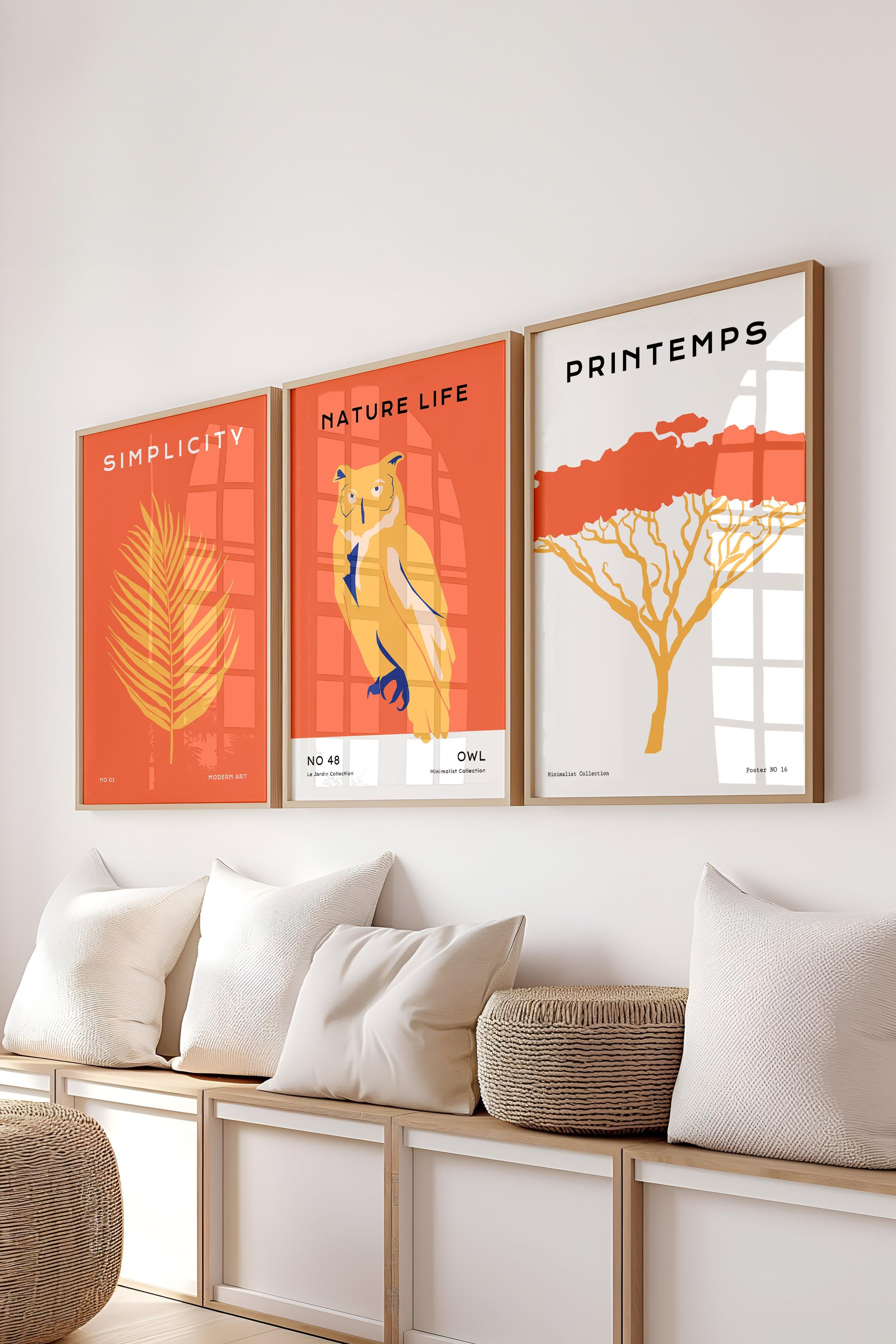 Çerçeveli Tablo Seti, 3 Adet Ahşap Çerçeve ve Minimalist Vahşi Yaşam Temalı Poster Seti, No:300489
