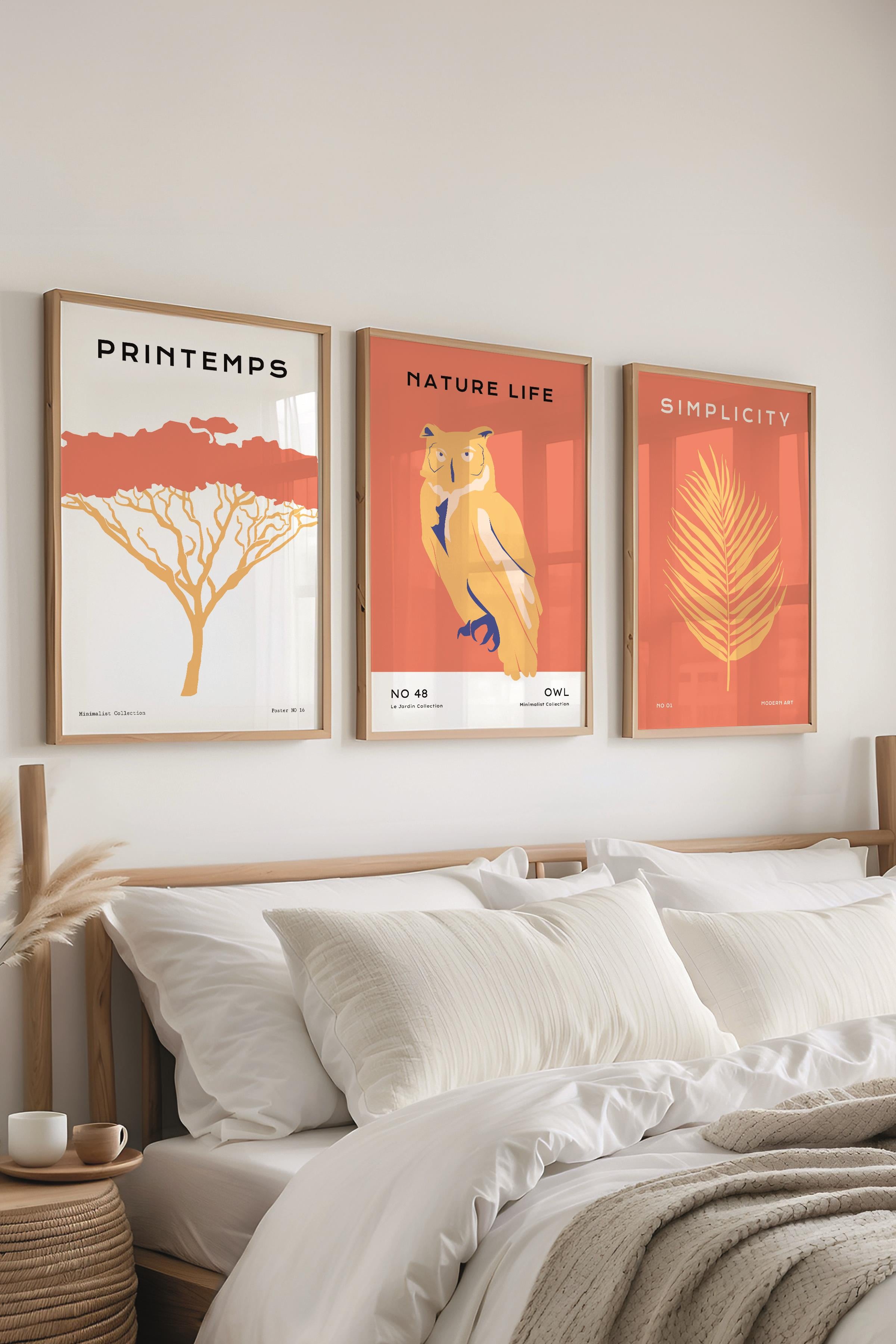 Çerçeveli Tablo Seti, 3 Adet Ahşap Çerçeve ve Minimalist Vahşi Yaşam Temalı Poster Seti, No:300489