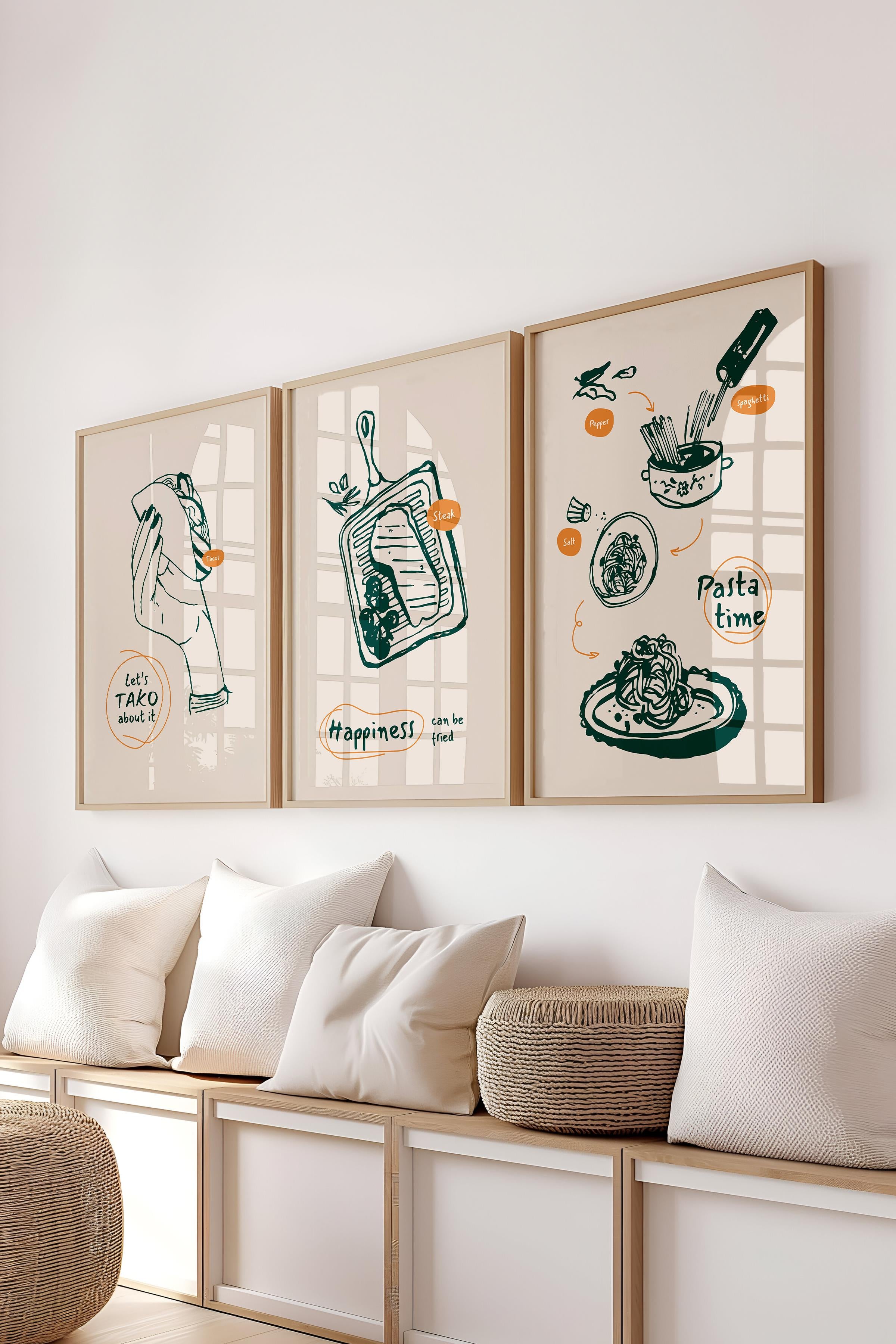 Çerçeveli Tablo Seti, 3 Adet Ahşap Çerçeve ve Minimalist Yemek Temalı Poster Seti, No:300549