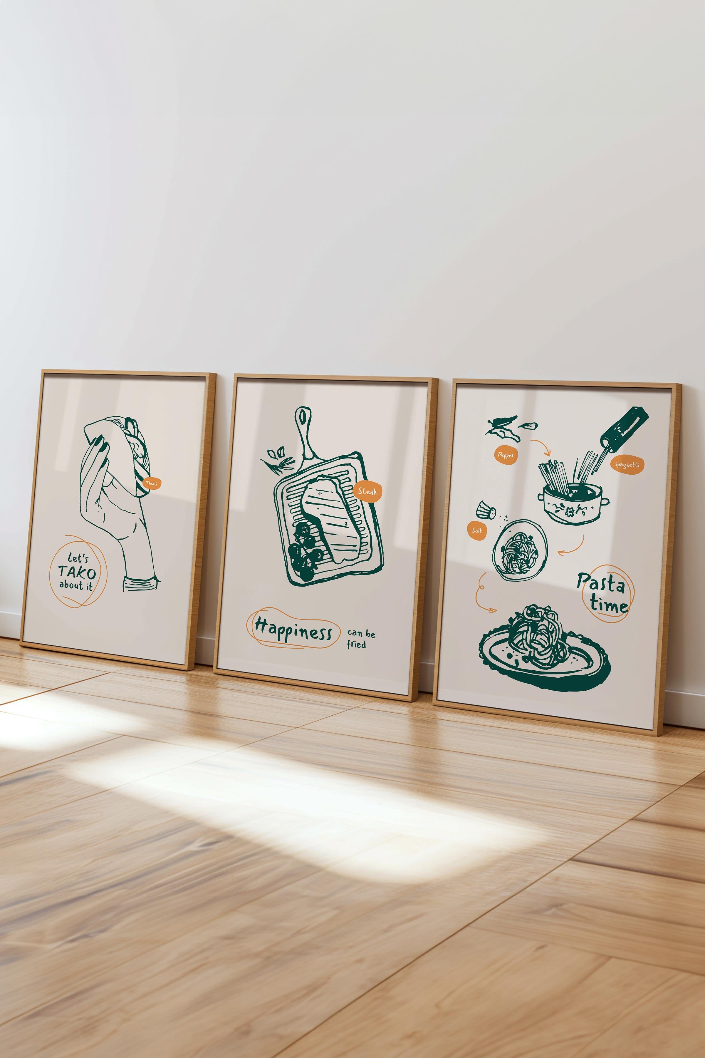 Çerçeveli Tablo Seti, 3 Adet Ahşap Çerçeve ve Minimalist Yemek Temalı Poster Seti, No:300549