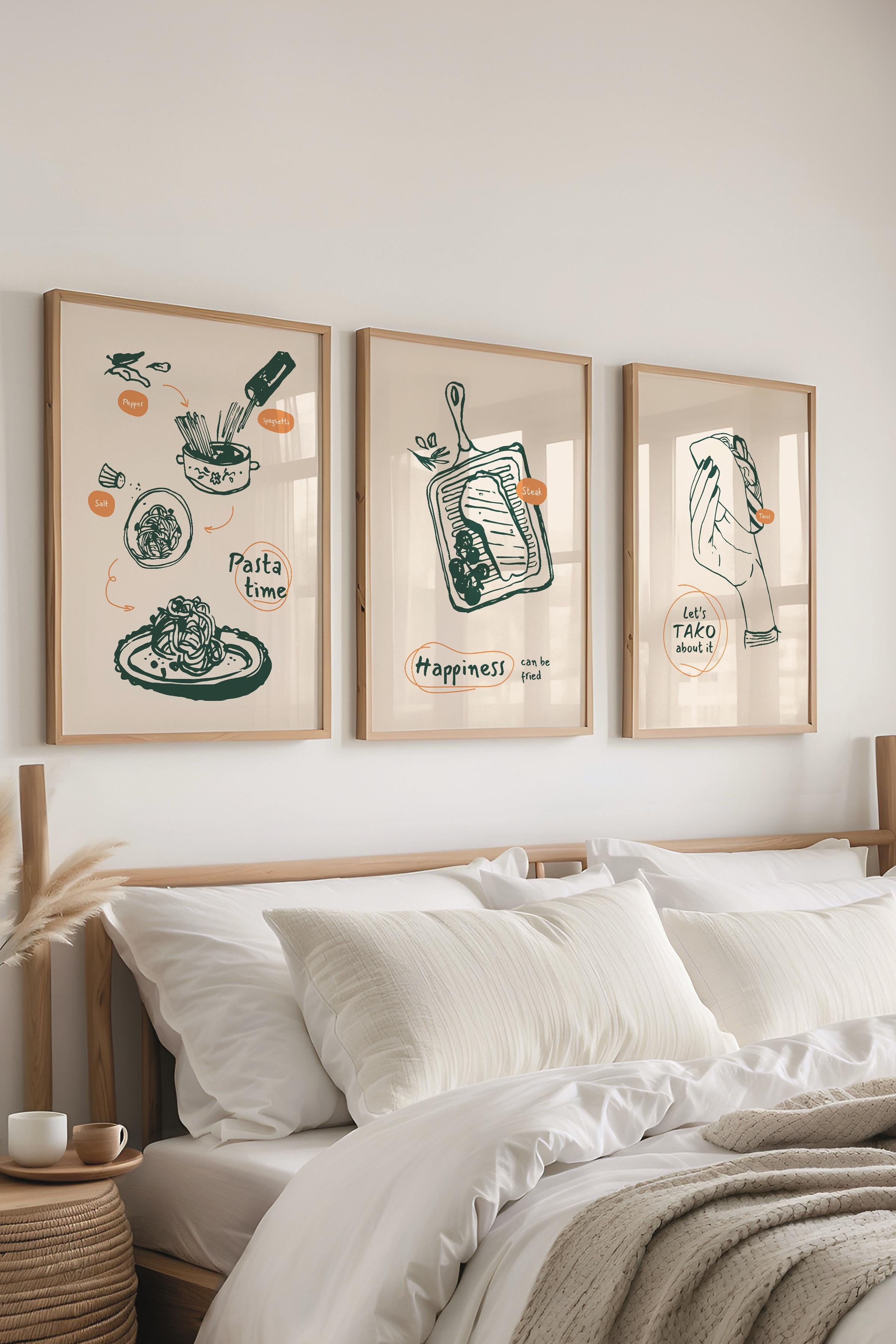 Çerçeveli Tablo Seti, 3 Adet Ahşap Çerçeve ve Minimalist Yemek Temalı Poster Seti, No:300549