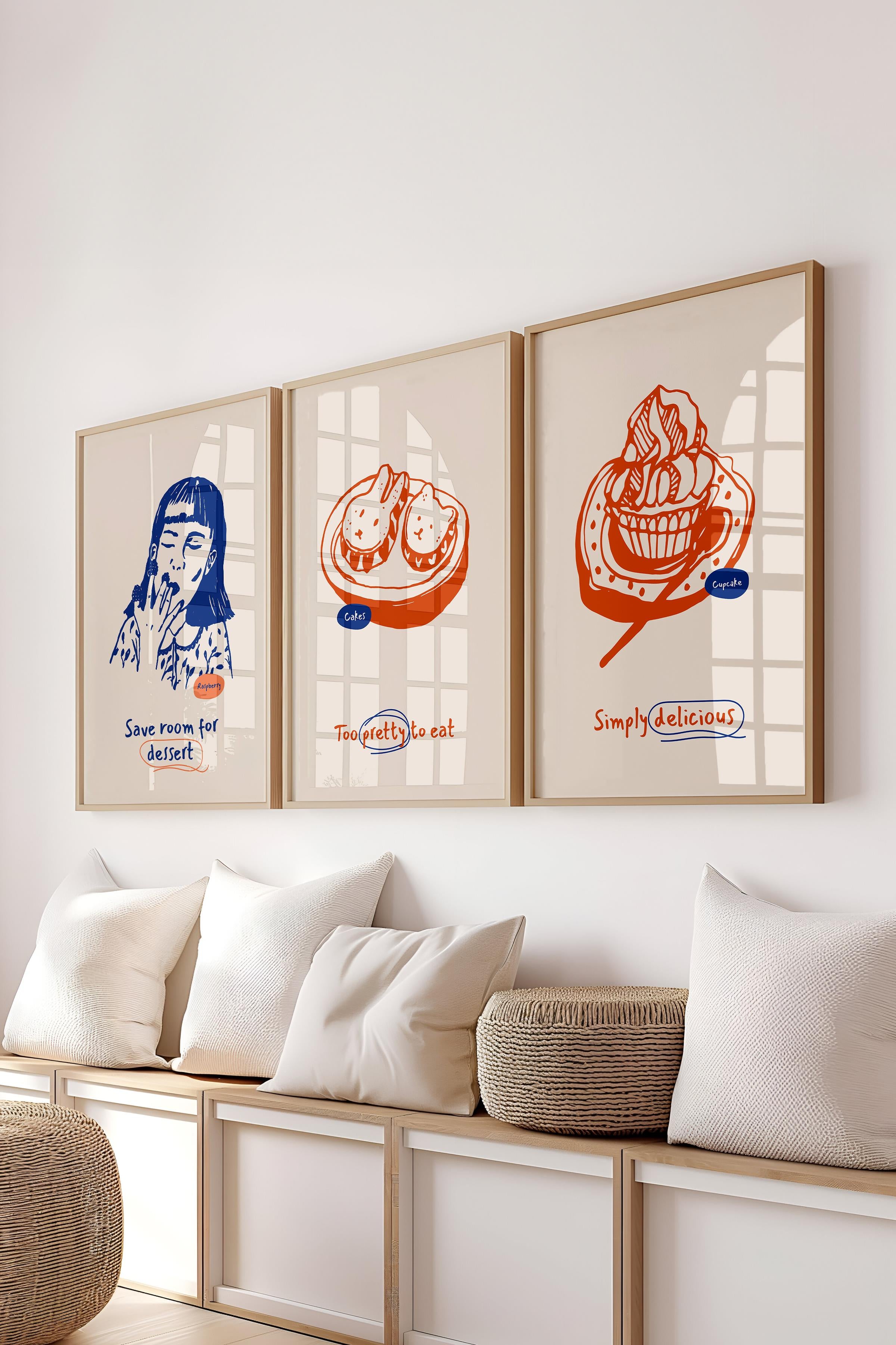 Çerçeveli Tablo Seti, 3 Adet Ahşap Çerçeve ve Minimalist Yemek Temalı Poster Seti, No:300550