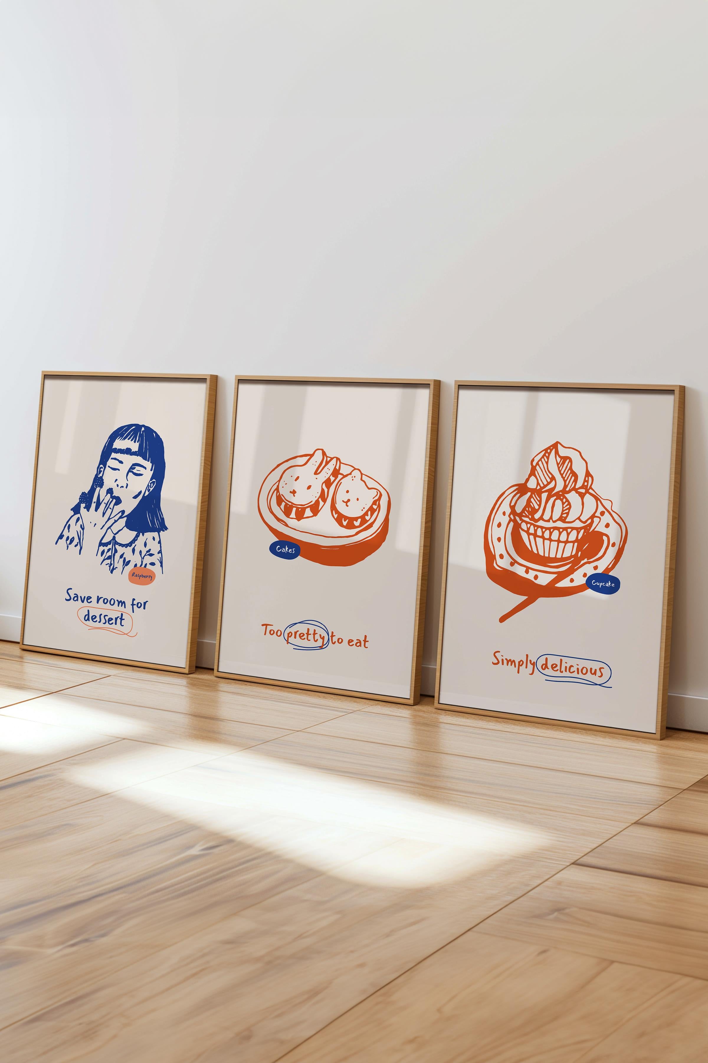 Çerçeveli Tablo Seti, 3 Adet Ahşap Çerçeve ve Minimalist Yemek Temalı Poster Seti, No:300550