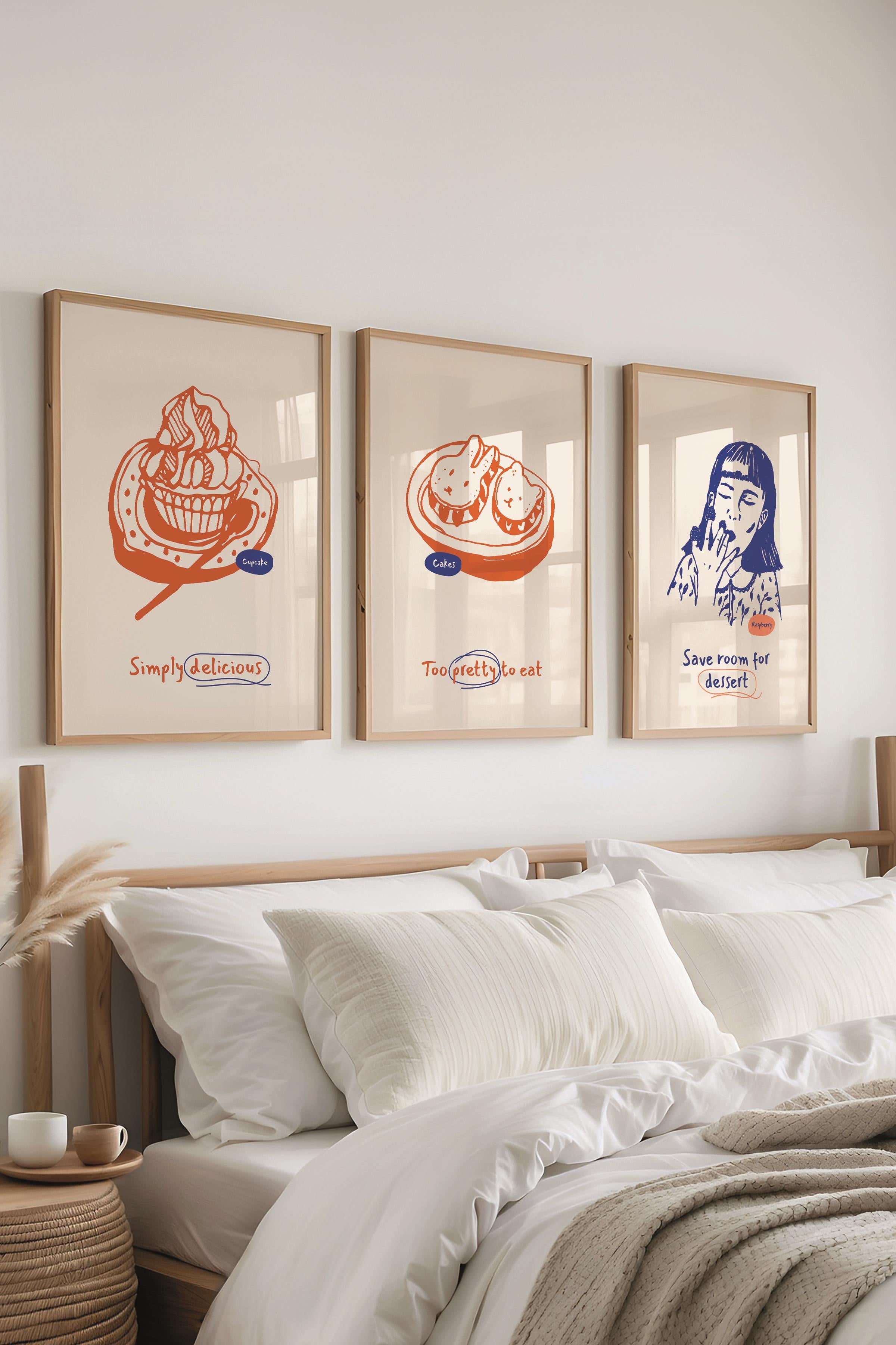 Çerçeveli Tablo Seti, 3 Adet Ahşap Çerçeve ve Minimalist Yemek Temalı Poster Seti, No:300550