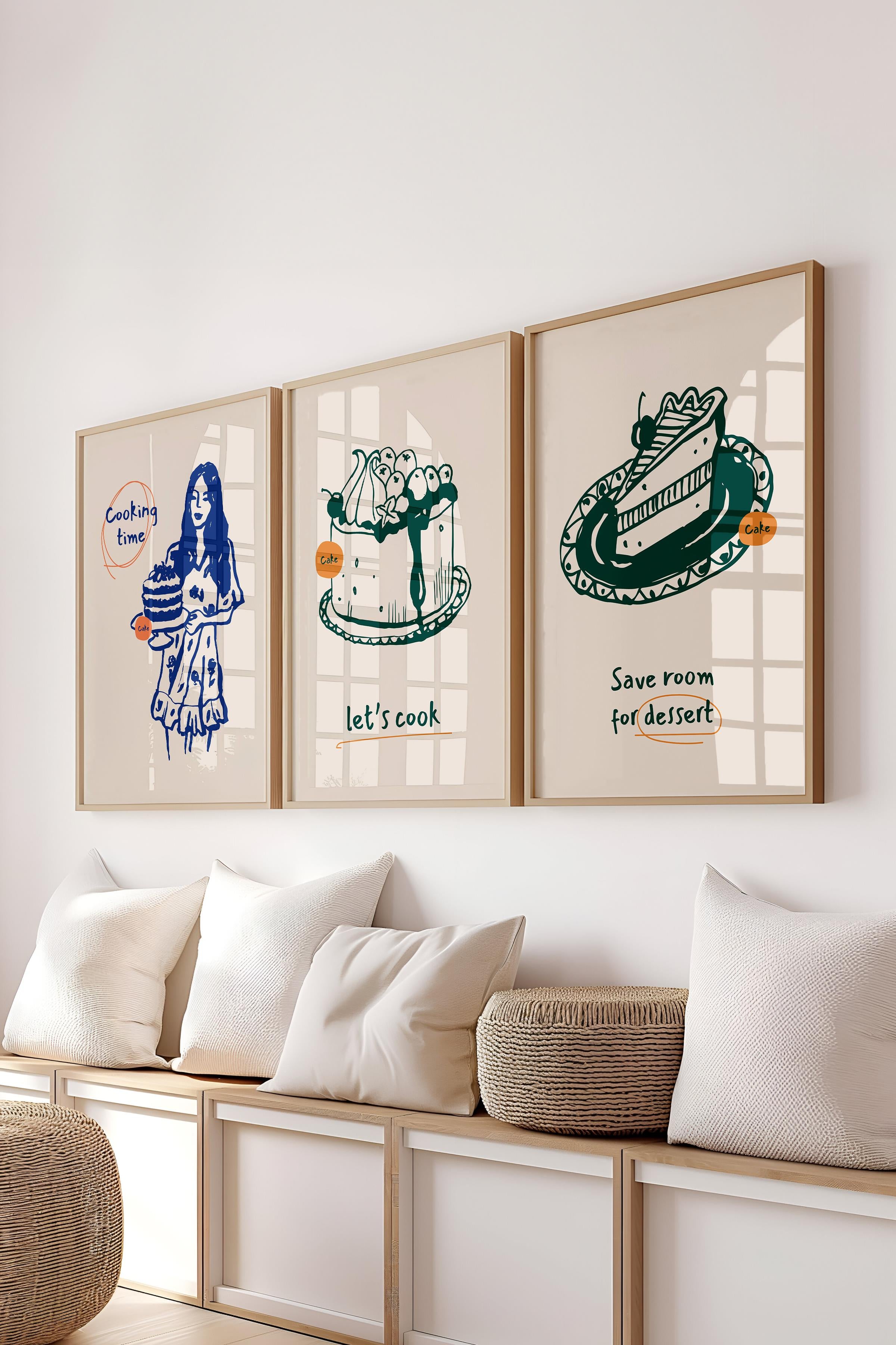 Çerçeveli Tablo Seti, 3 Adet Ahşap Çerçeve ve Minimalist Yemek Temalı Poster Seti, No:300552