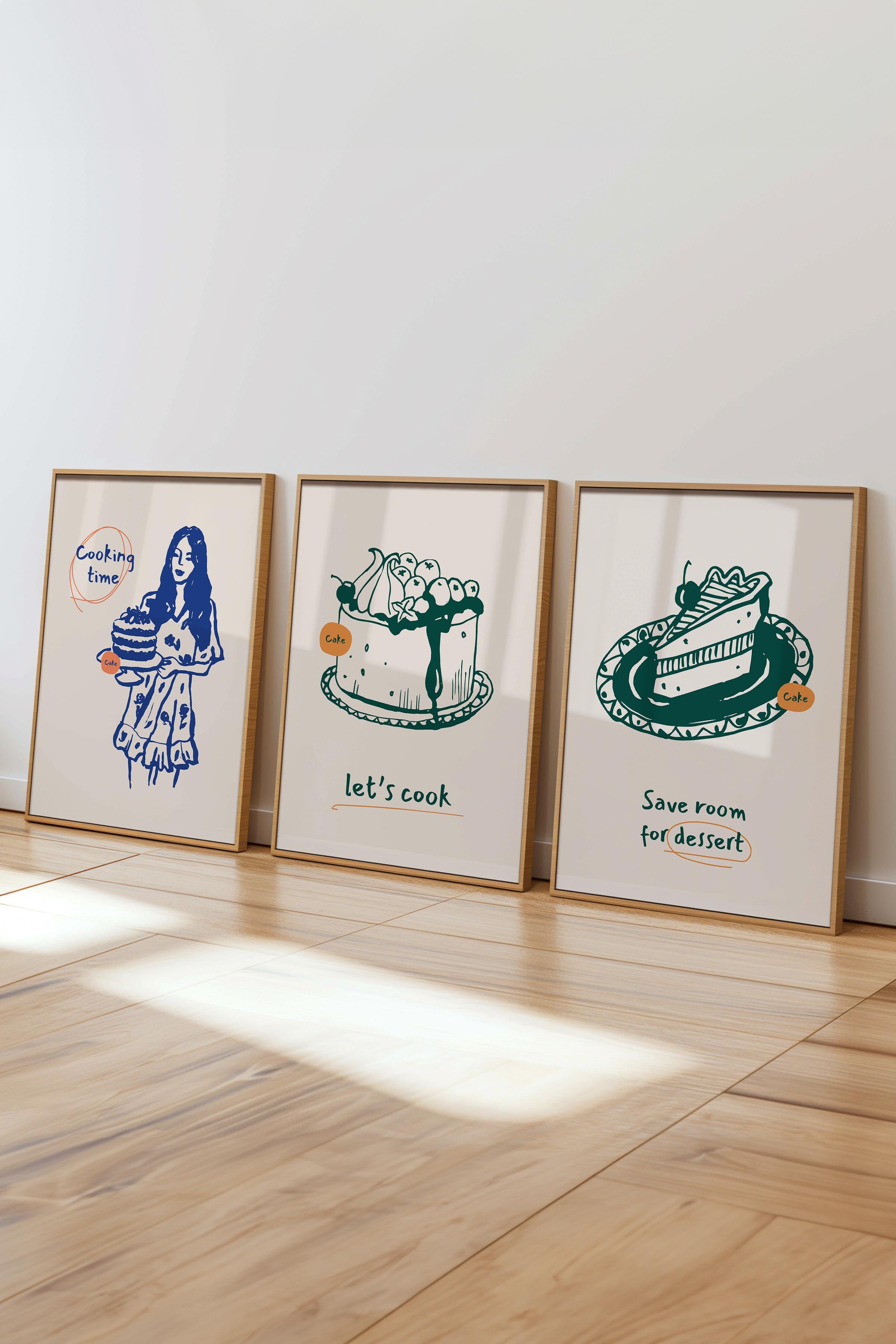 Çerçeveli Tablo Seti, 3 Adet Ahşap Çerçeve ve Minimalist Yemek Temalı Poster Seti, No:300552
