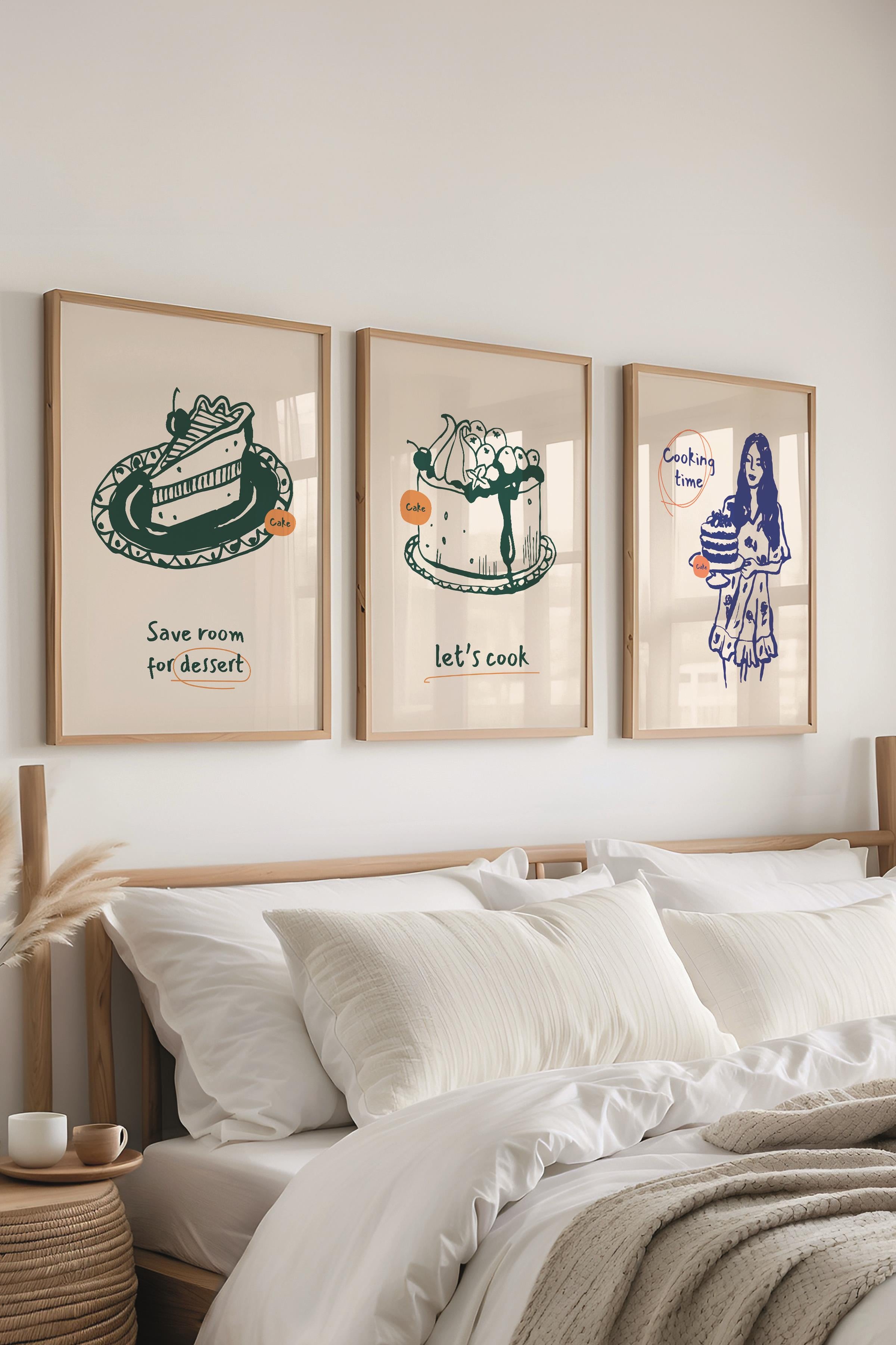 Çerçeveli Tablo Seti, 3 Adet Ahşap Çerçeve ve Minimalist Yemek Temalı Poster Seti, No:300552