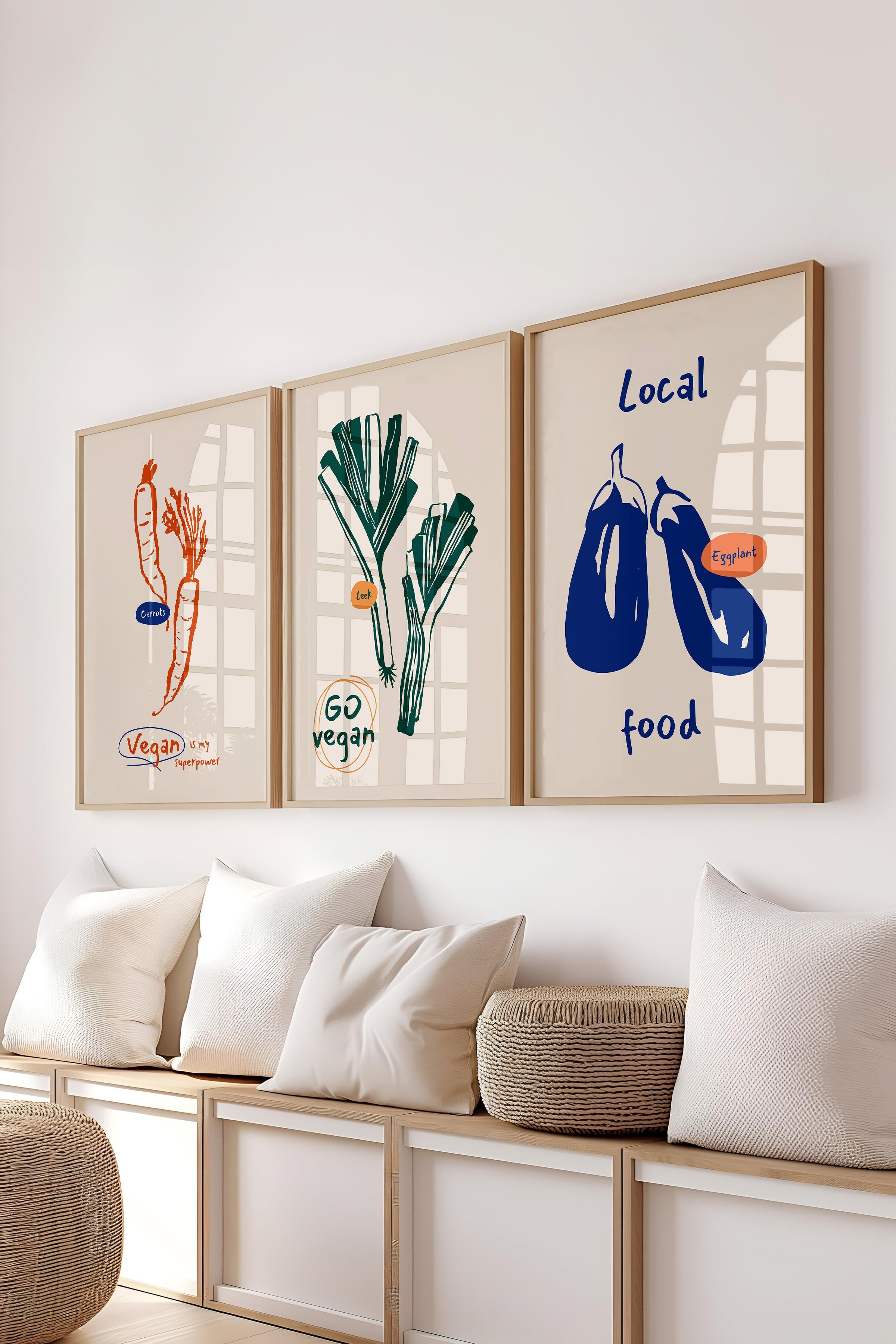 Çerçeveli Tablo Seti, 3 Adet Ahşap Çerçeve ve Minimalist Yemek Temalı Poster Seti, No:300553