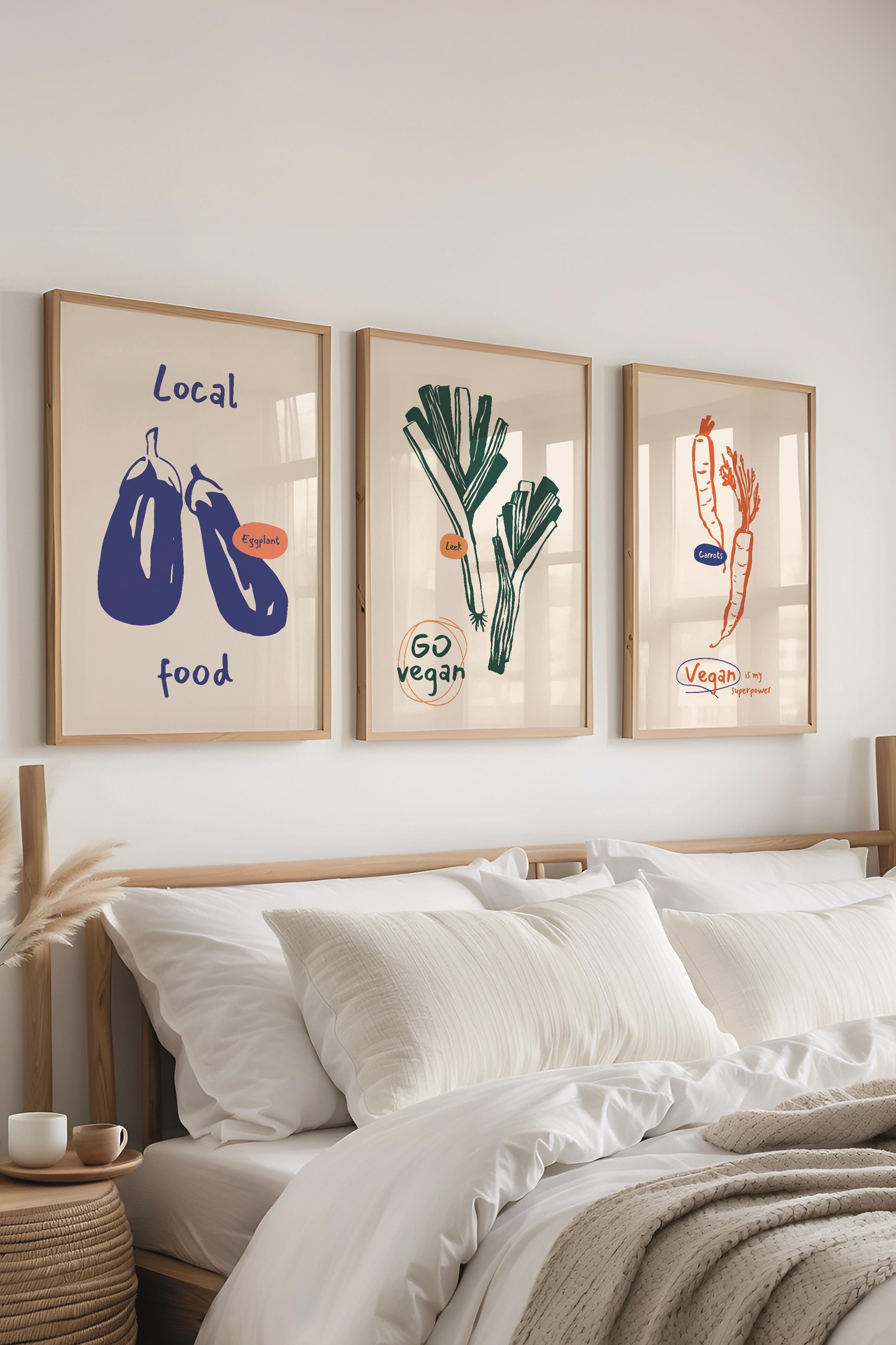 Çerçeveli Tablo Seti, 3 Adet Ahşap Çerçeve ve Minimalist Yemek Temalı Poster Seti, No:300553
