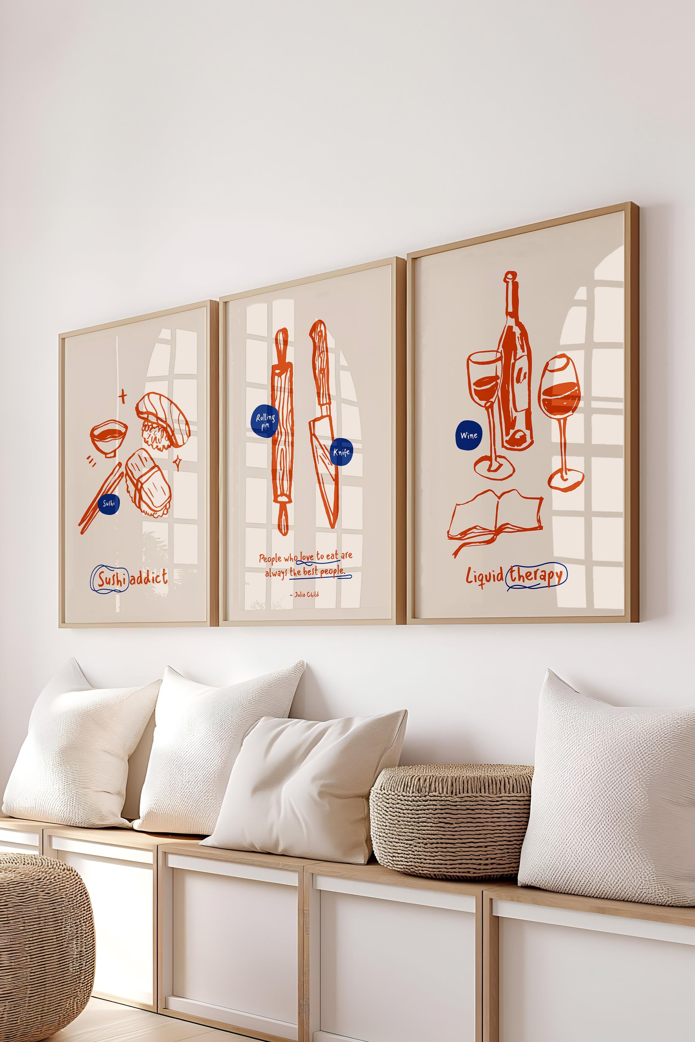 Çerçeveli Tablo Seti, 3 Adet Ahşap Çerçeve ve Minimalist Yemek Temalı Poster Seti, No:300554