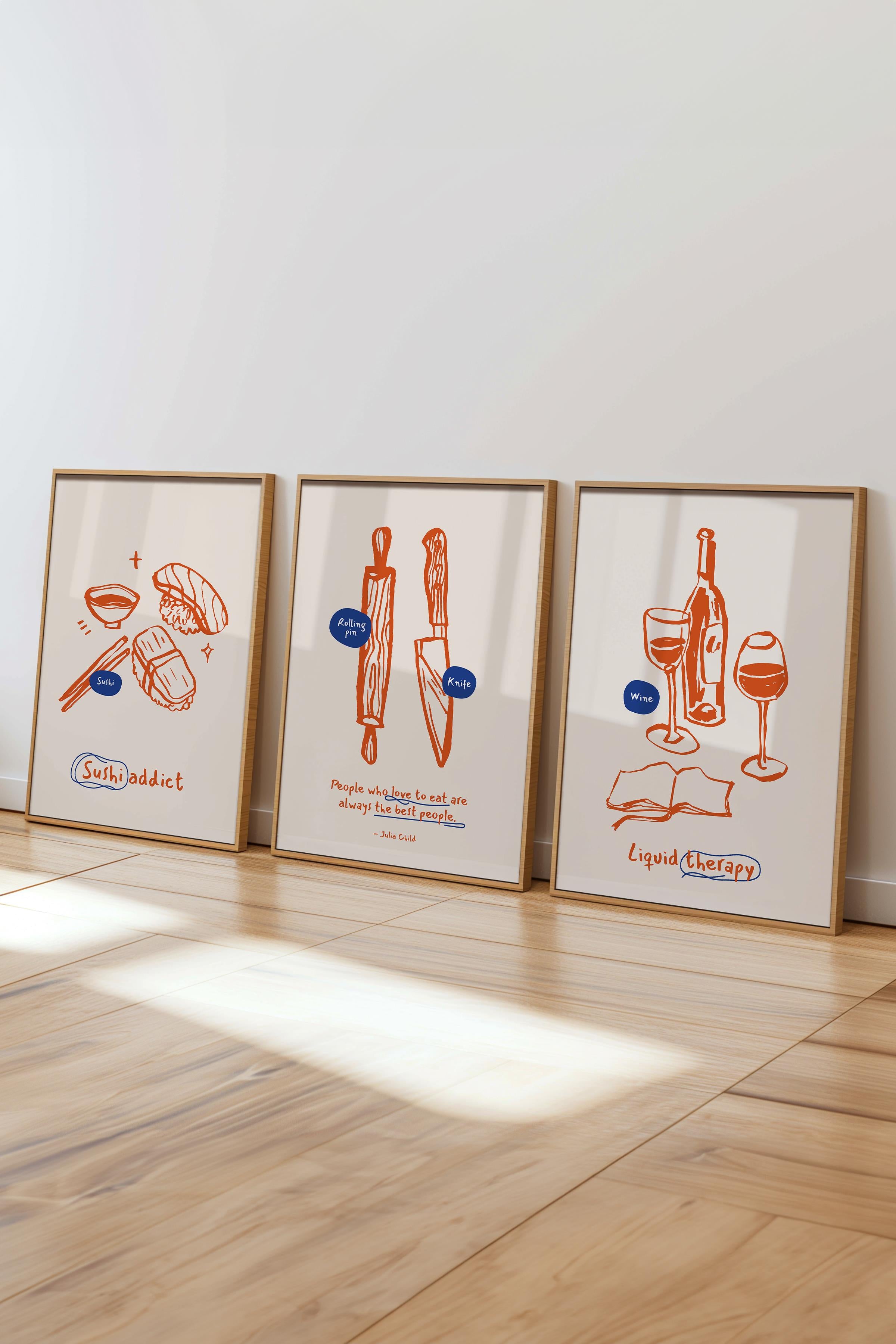 Çerçeveli Tablo Seti, 3 Adet Ahşap Çerçeve ve Minimalist Yemek Temalı Poster Seti, No:300554