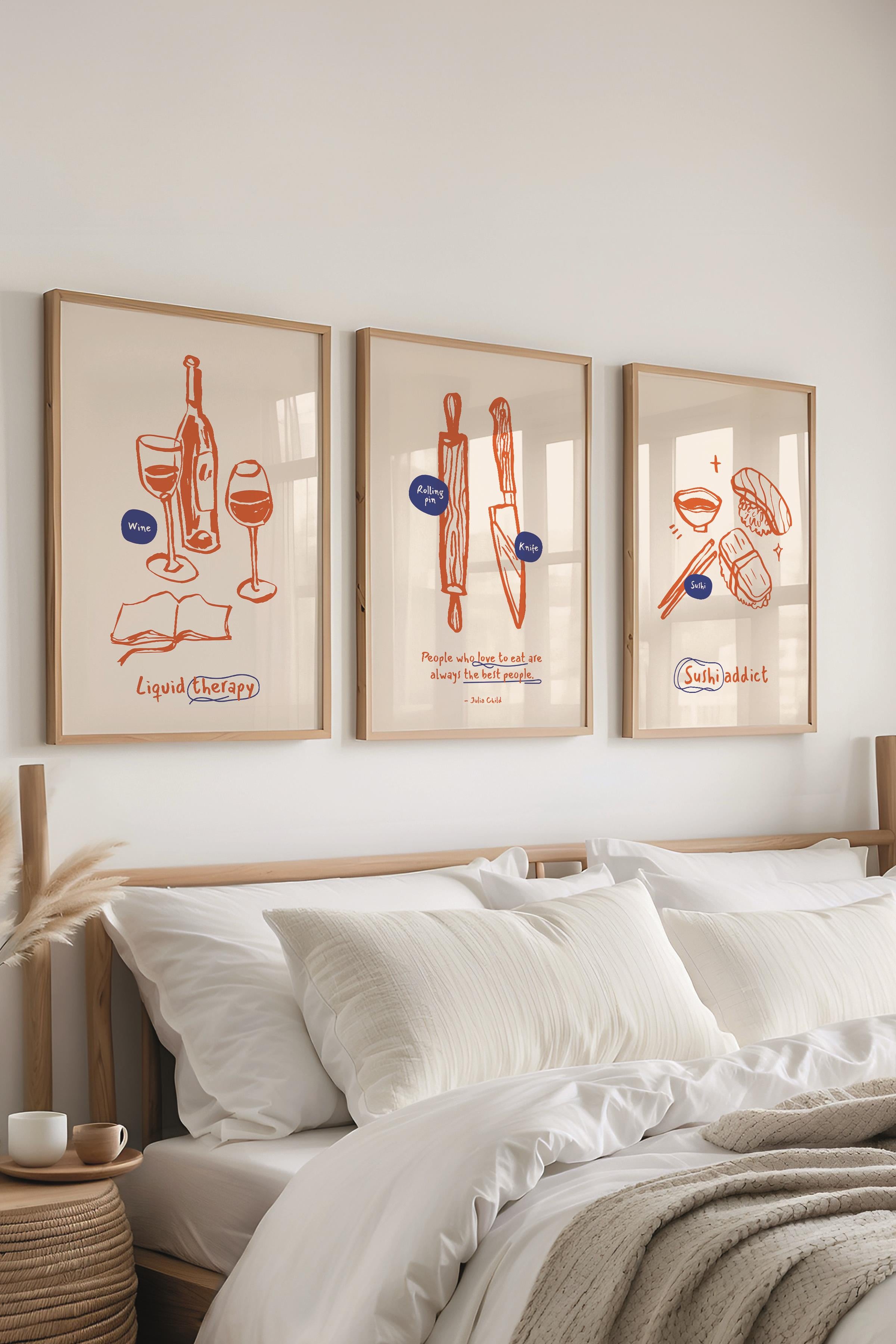Çerçeveli Tablo Seti, 3 Adet Ahşap Çerçeve ve Minimalist Yemek Temalı Poster Seti, No:300554