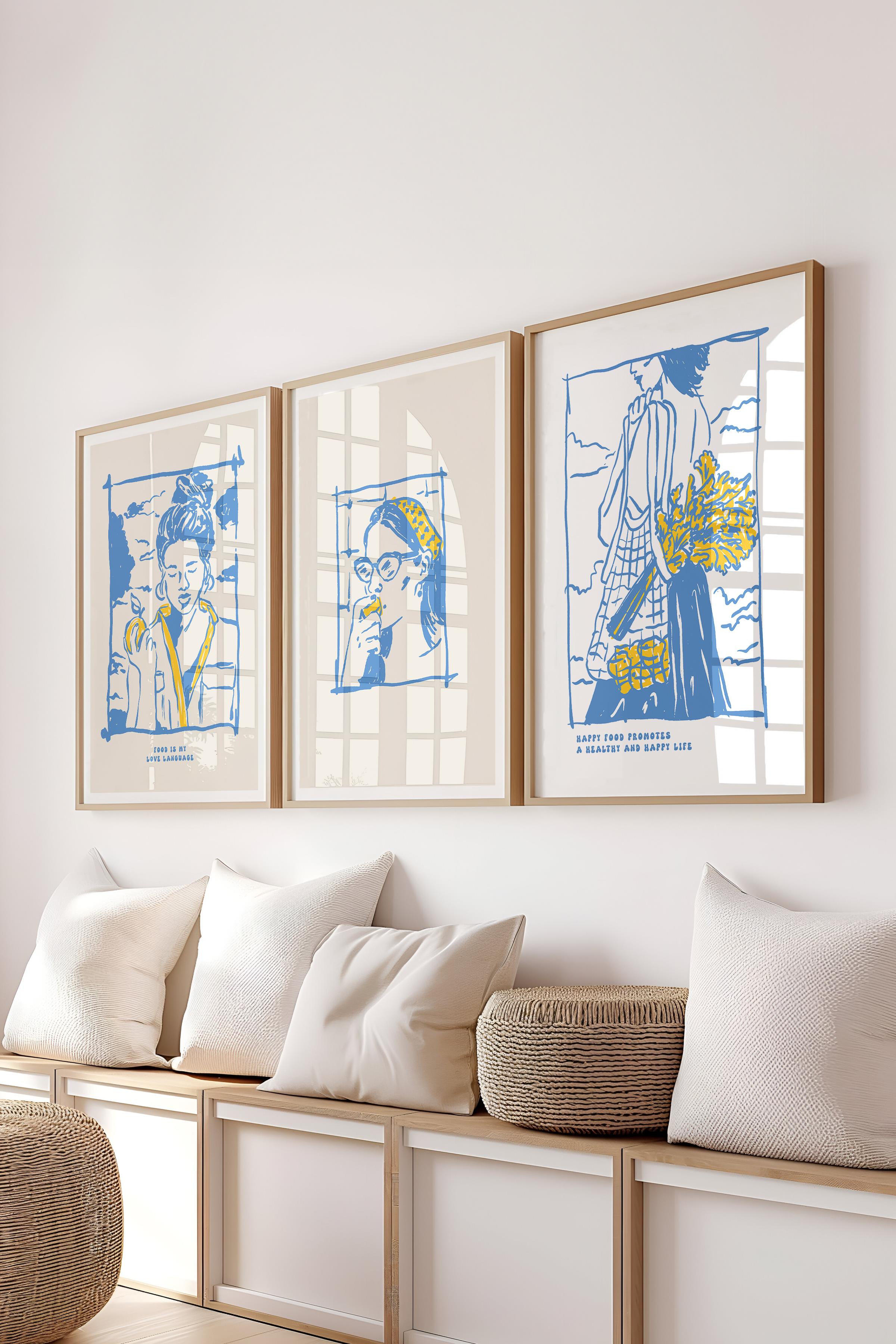 Çerçeveli Tablo Seti, 3 Adet Ahşap Çerçeve ve Minimalist Yemek Temalı Poster Seti, No:300555