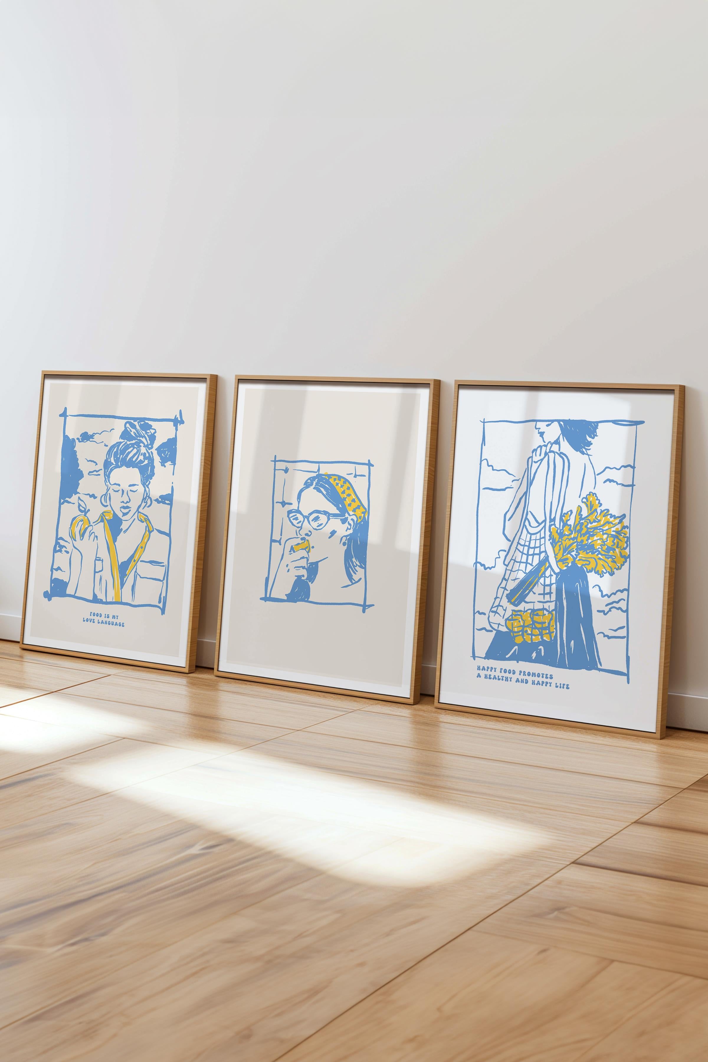 Çerçeveli Tablo Seti, 3 Adet Ahşap Çerçeve ve Minimalist Yemek Temalı Poster Seti, No:300555