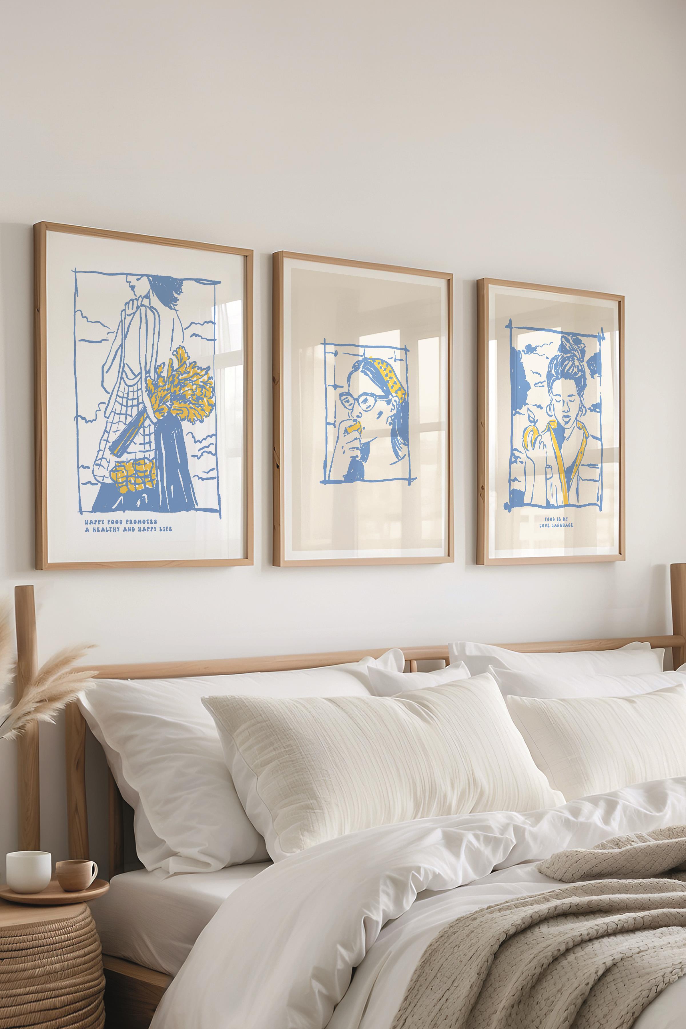 Çerçeveli Tablo Seti, 3 Adet Ahşap Çerçeve ve Minimalist Yemek Temalı Poster Seti, No:300555