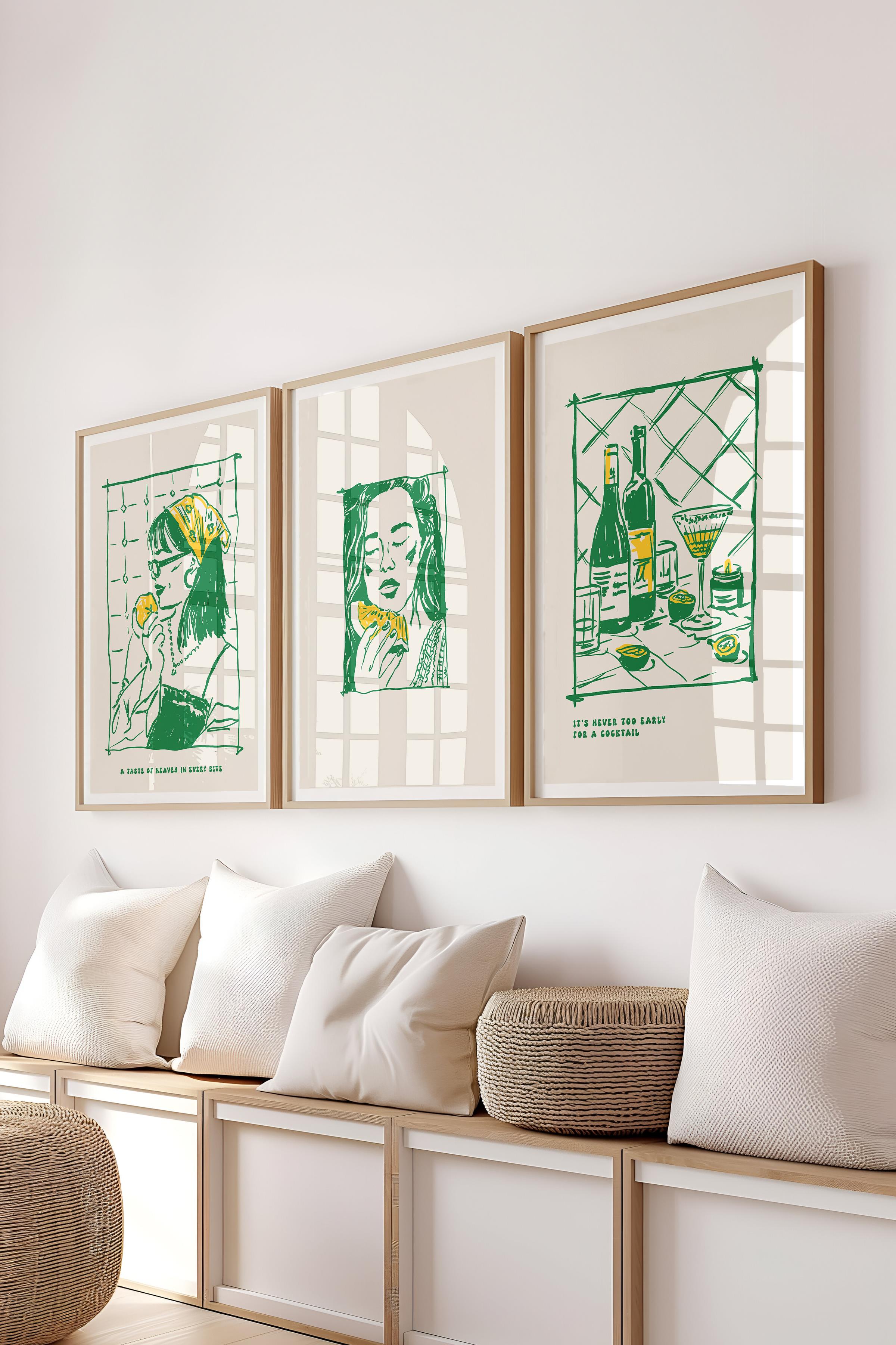 Çerçeveli Tablo Seti, 3 Adet Ahşap Çerçeve ve Minimalist Yemek Temalı Poster Seti, No:300556