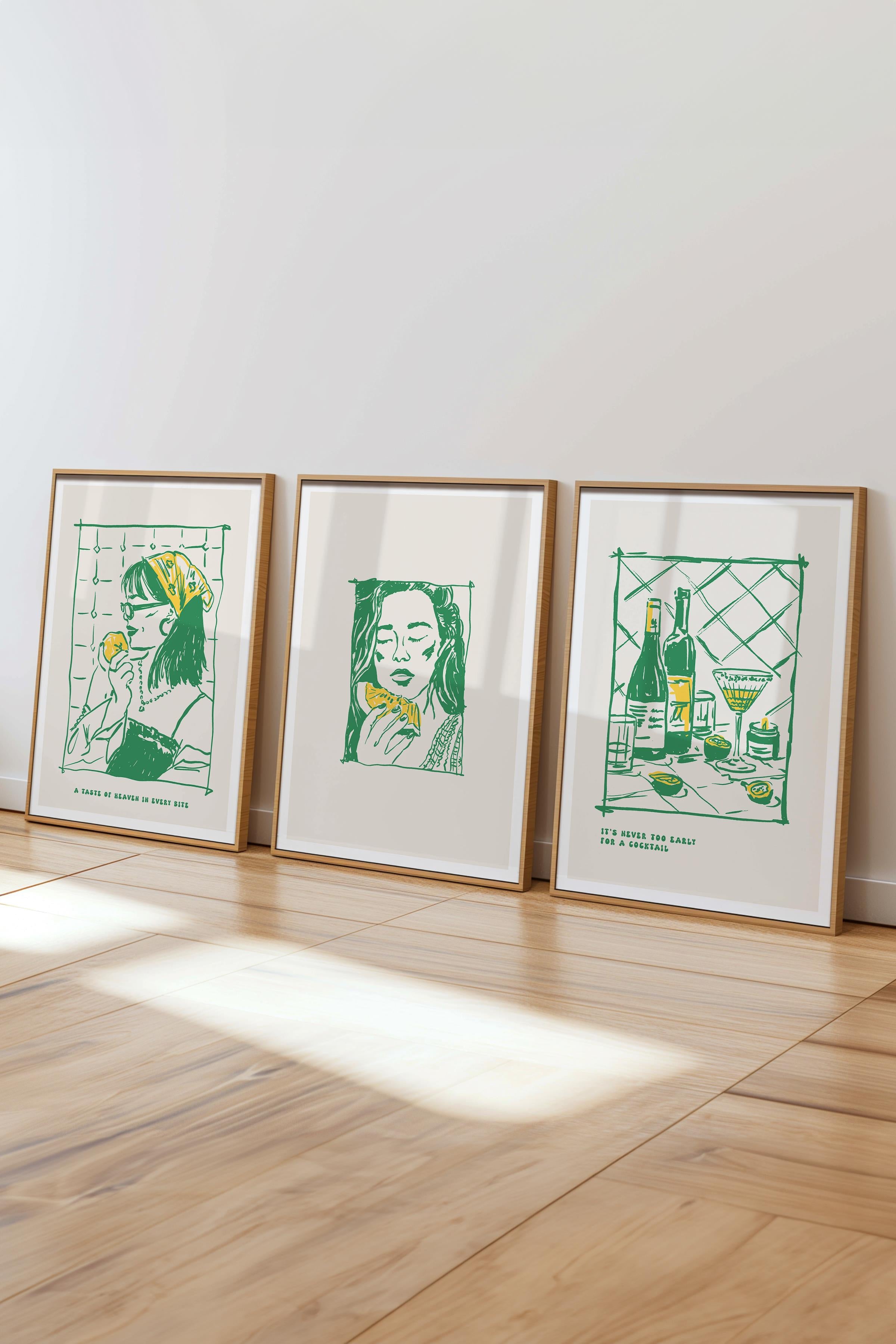 Çerçeveli Tablo Seti, 3 Adet Ahşap Çerçeve ve Minimalist Yemek Temalı Poster Seti, No:300556