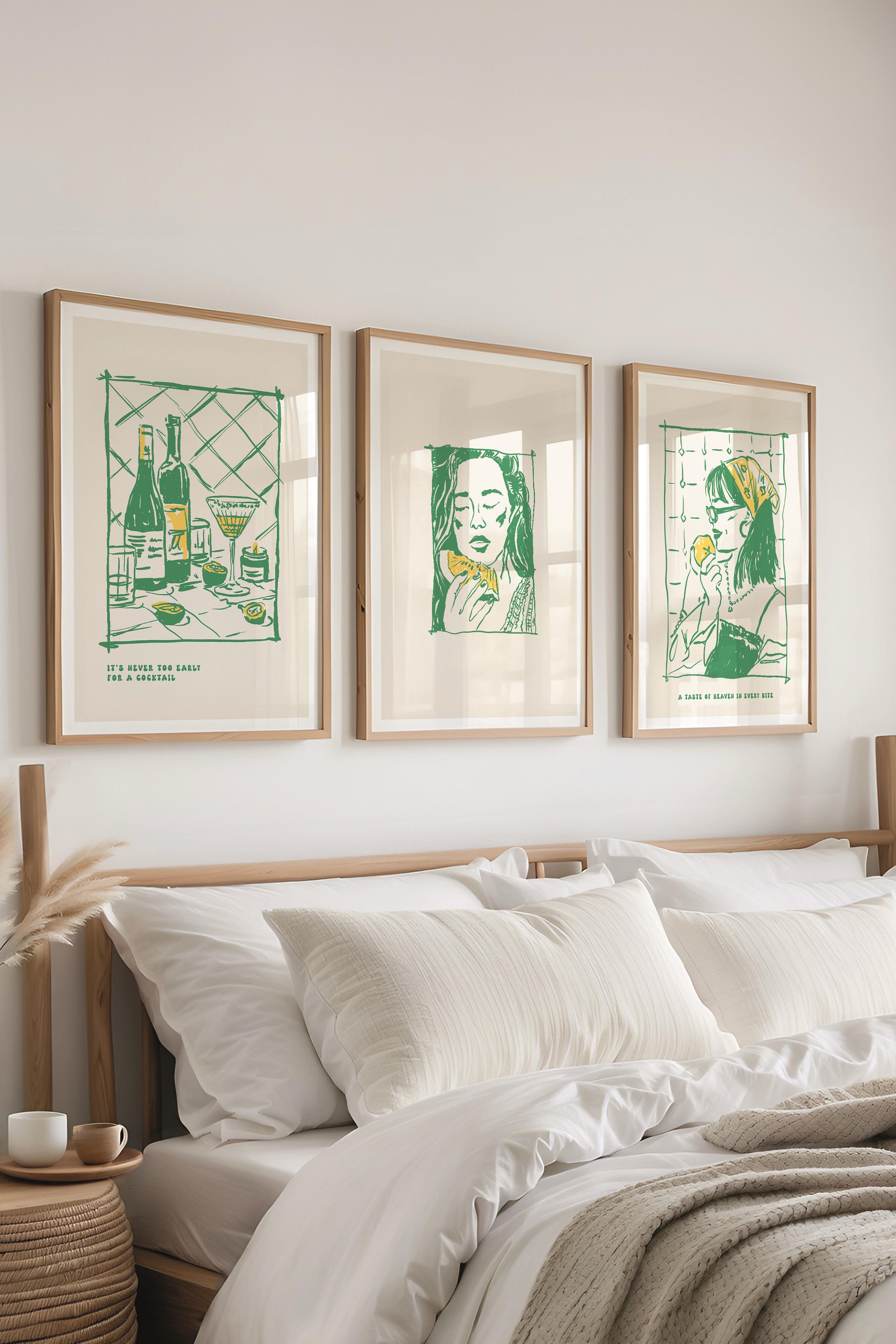 Çerçeveli Tablo Seti, 3 Adet Ahşap Çerçeve ve Minimalist Yemek Temalı Poster Seti, No:300556