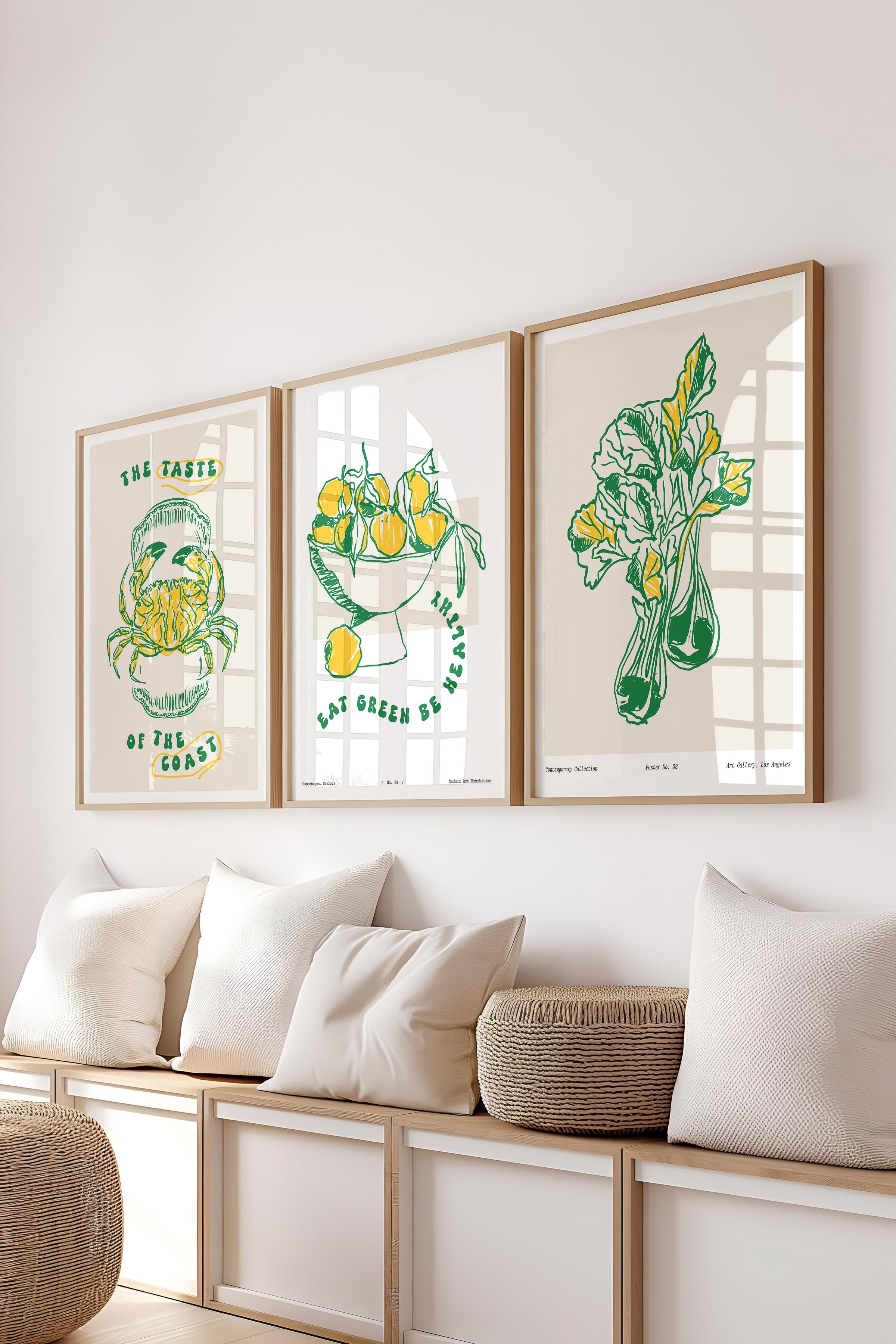 Çerçeveli Tablo Seti, 3 Adet Ahşap Çerçeve ve Minimalist Yemek Temalı Poster Seti, No:300557