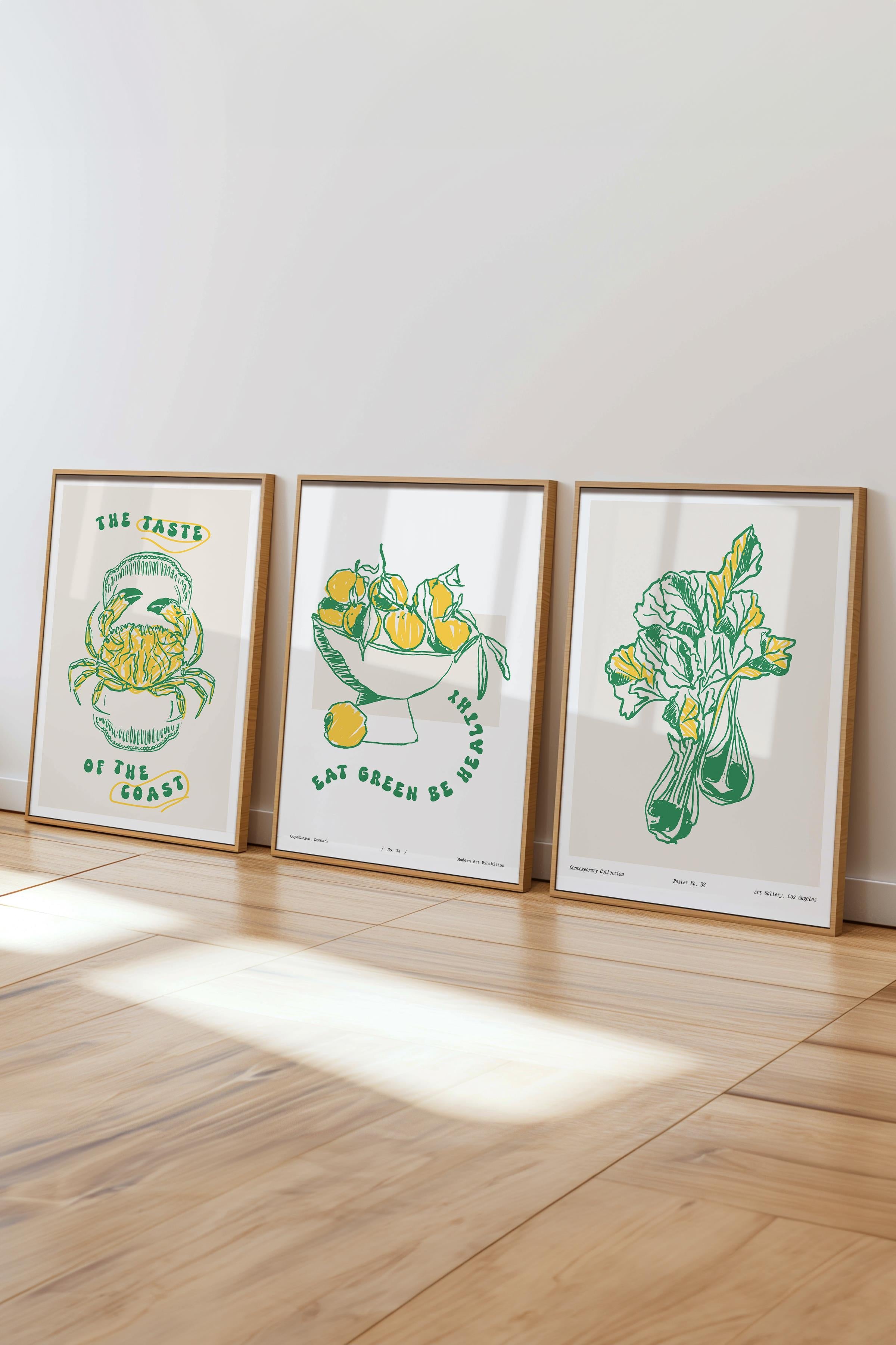 Çerçeveli Tablo Seti, 3 Adet Ahşap Çerçeve ve Minimalist Yemek Temalı Poster Seti, No:300557